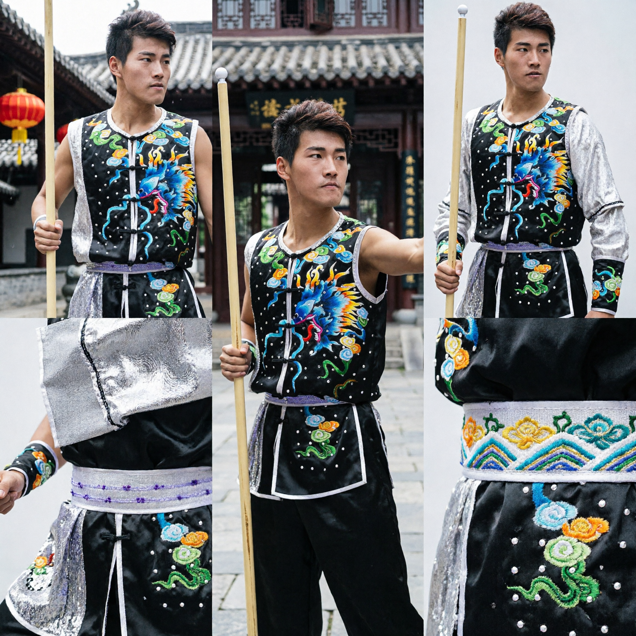 Professional Men's Wushu Competition Uniform Black Sleeveless Dragon Embroidery Kung Fu Costume for Martial Arts Performance - Asian Costume