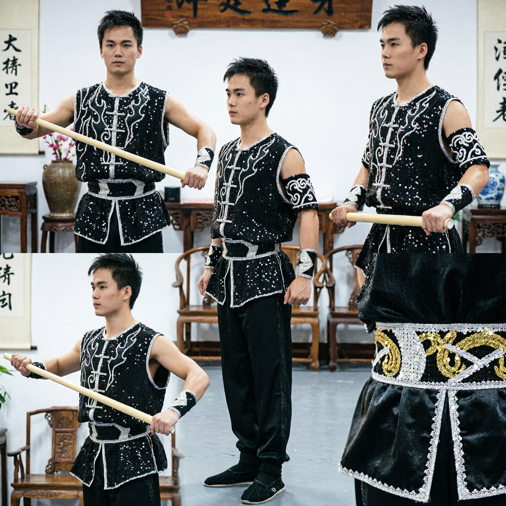 Men's Black Sequin Wushu Uniform Traditional Kung Fu Martial Arts Competition Costume for Staff Performance - Asian Costume