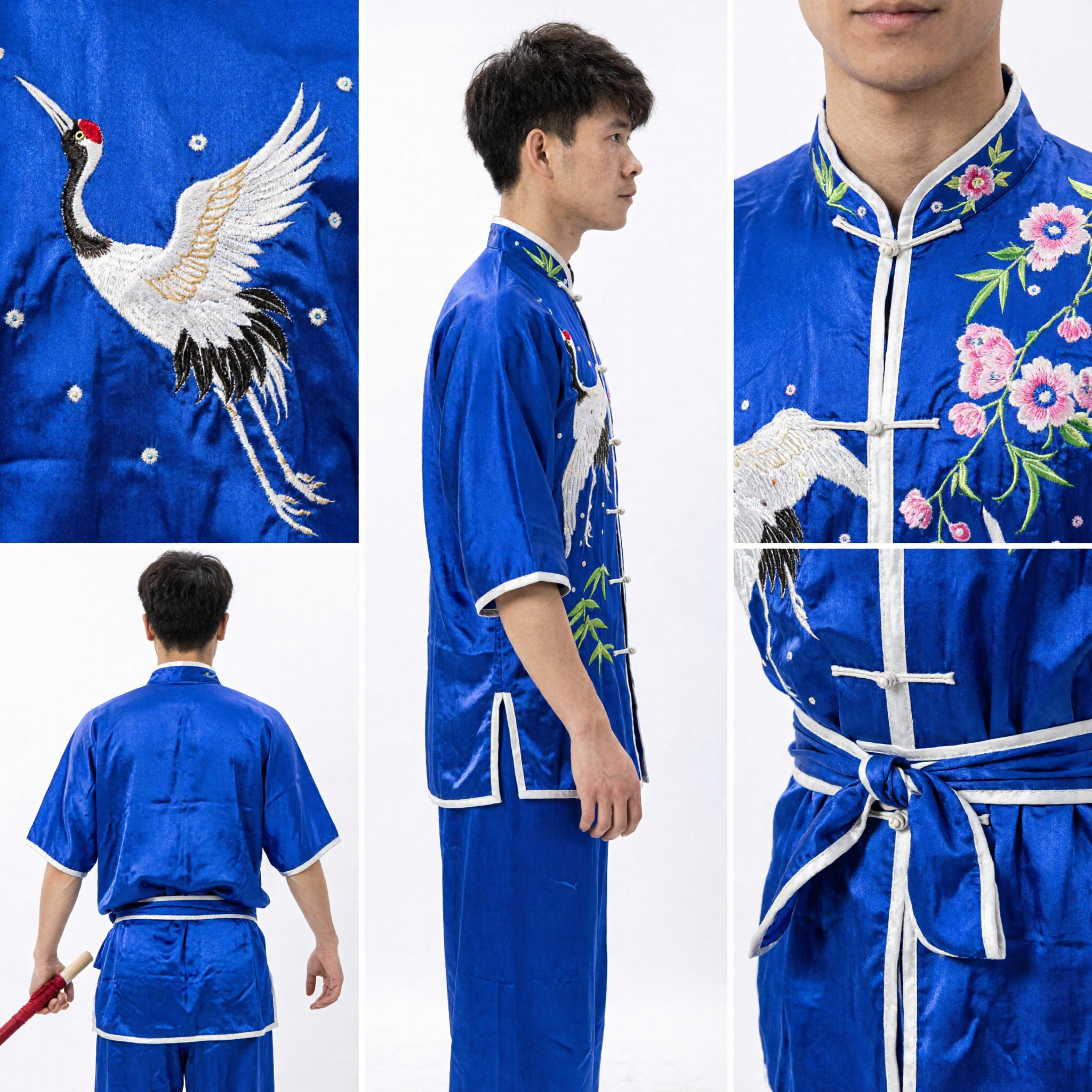 Men's Blue Traditional Chinese Kung Fu Uniform Silk Martial Arts Costume with Crane Embroidery for Wushu - Asian Costume