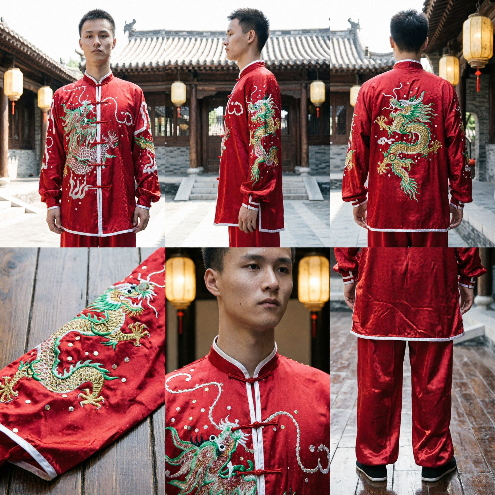 Men's Red Dragon Embroidery Kung Fu Uniform Traditional Wushu Martial Arts Performance Costume - Asian Costume