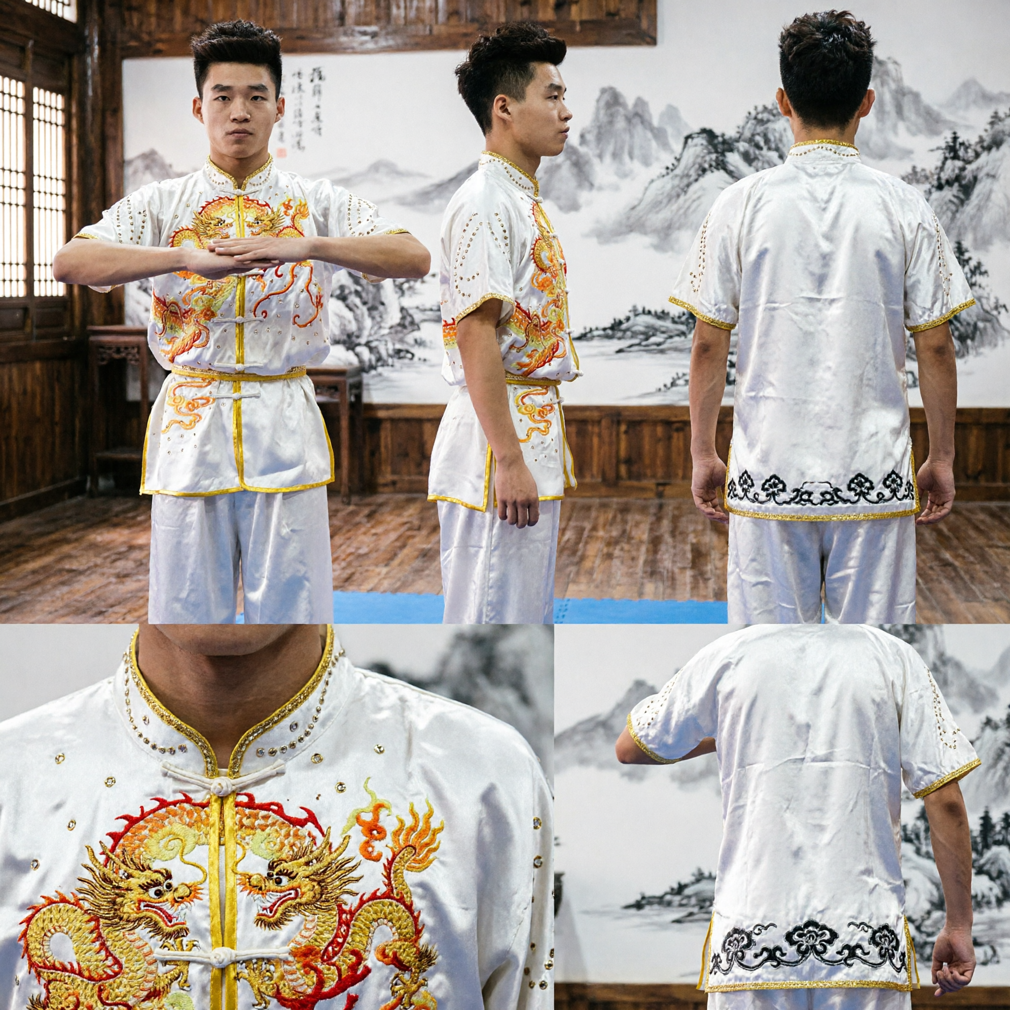 Men's White Silk Chinese Kung Fu Uniform with Gold Dragon Embroidery for Wushu Performance - Asian Costume