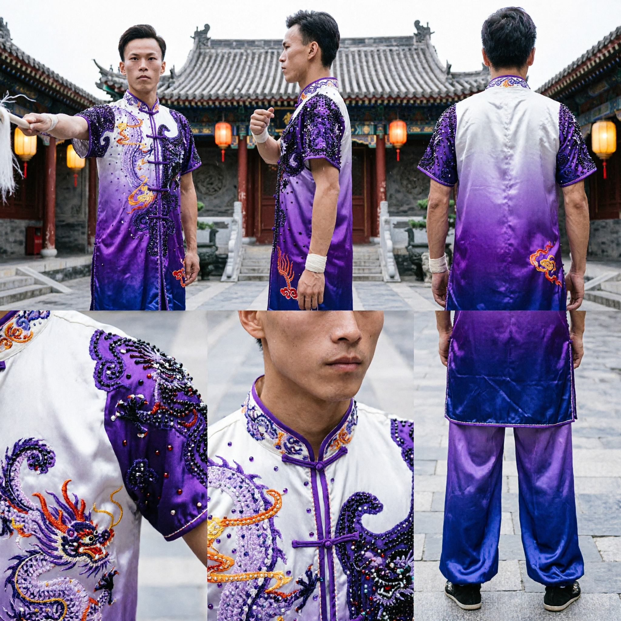 Men's Purple Wushu Uniform with Gold Dragon Embroidery Traditional Kung Fu Tai Chi Competition Costume - Asian Costume