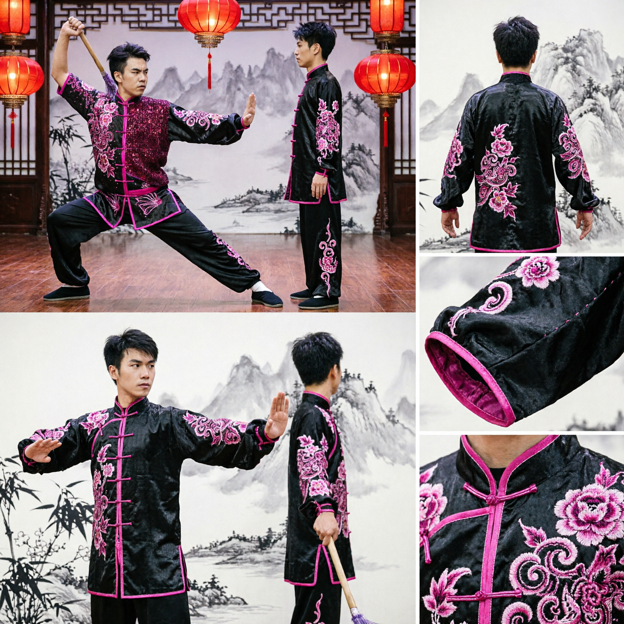 Men's Professional Wushu Kung Fu Uniform Black Suit with Pink Floral Embroidery for Martial Arts Competition - Asian Costume