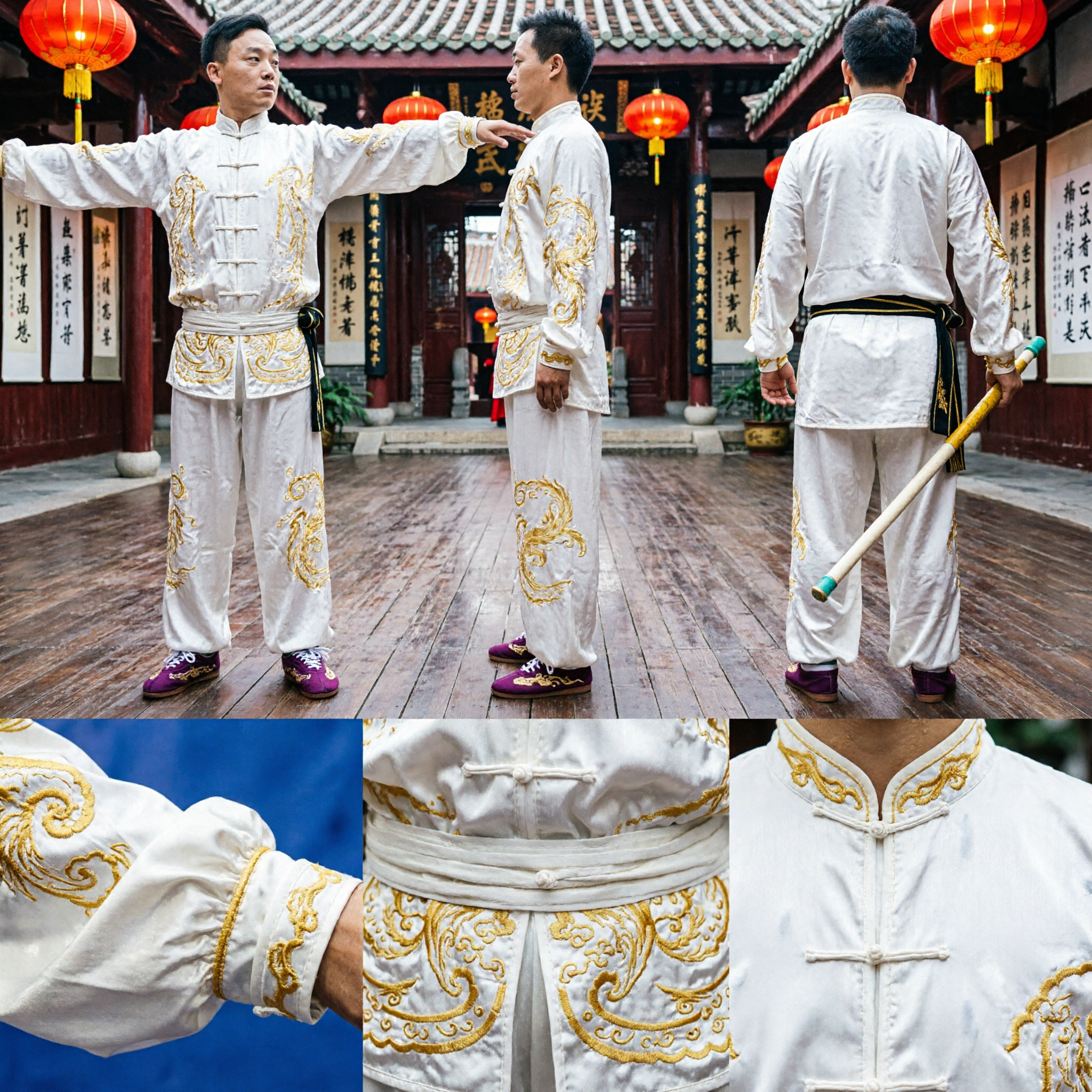 Men's Professional Wushu Competition Uniform White Gold Embroidery Traditional Kung Fu Martial Arts Costume - Asian Costume