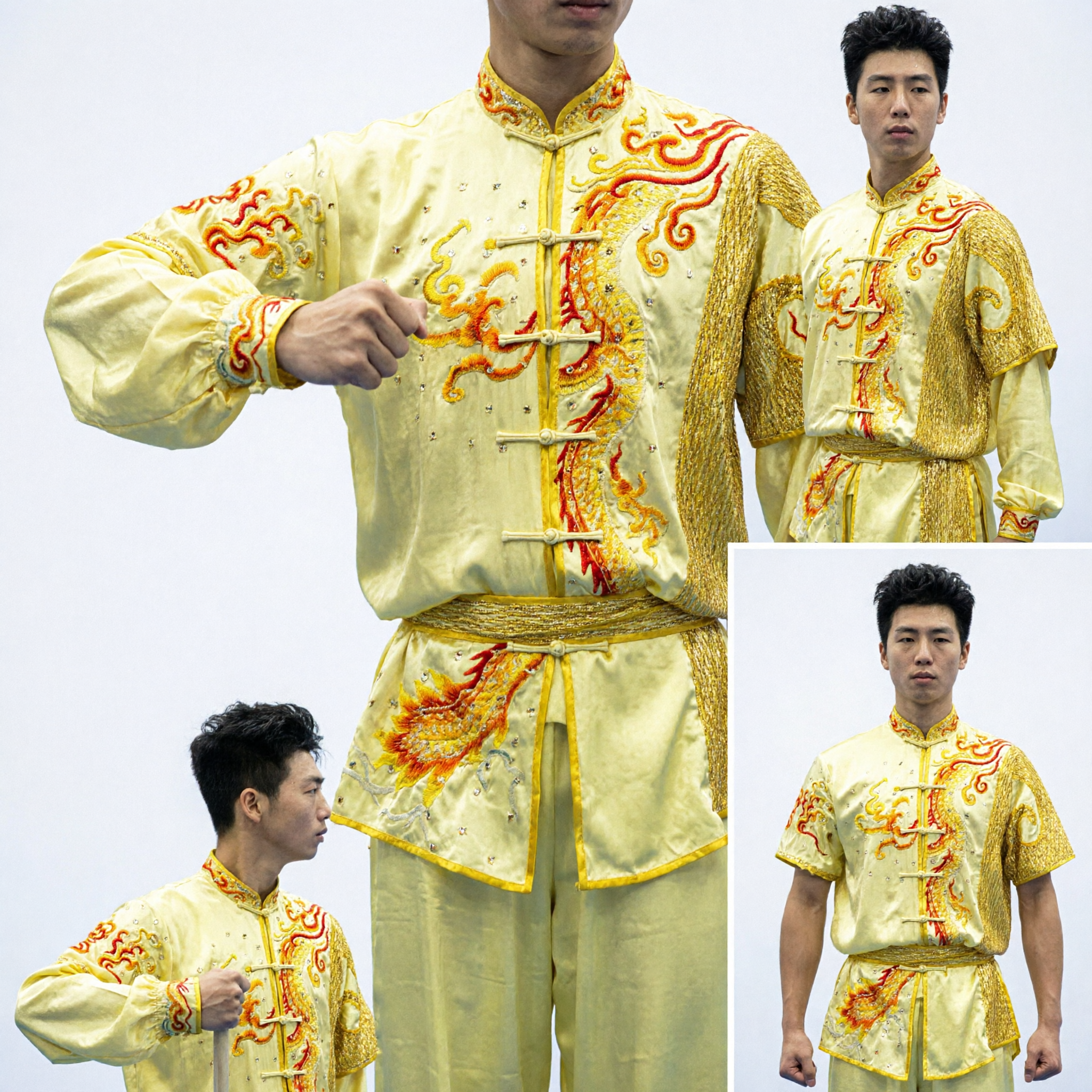 Men's Yellow Silk Dragon Embroidery Kung Fu Uniform Traditional Chinese Wushu Martial Arts Competition Suit - Asian Costume