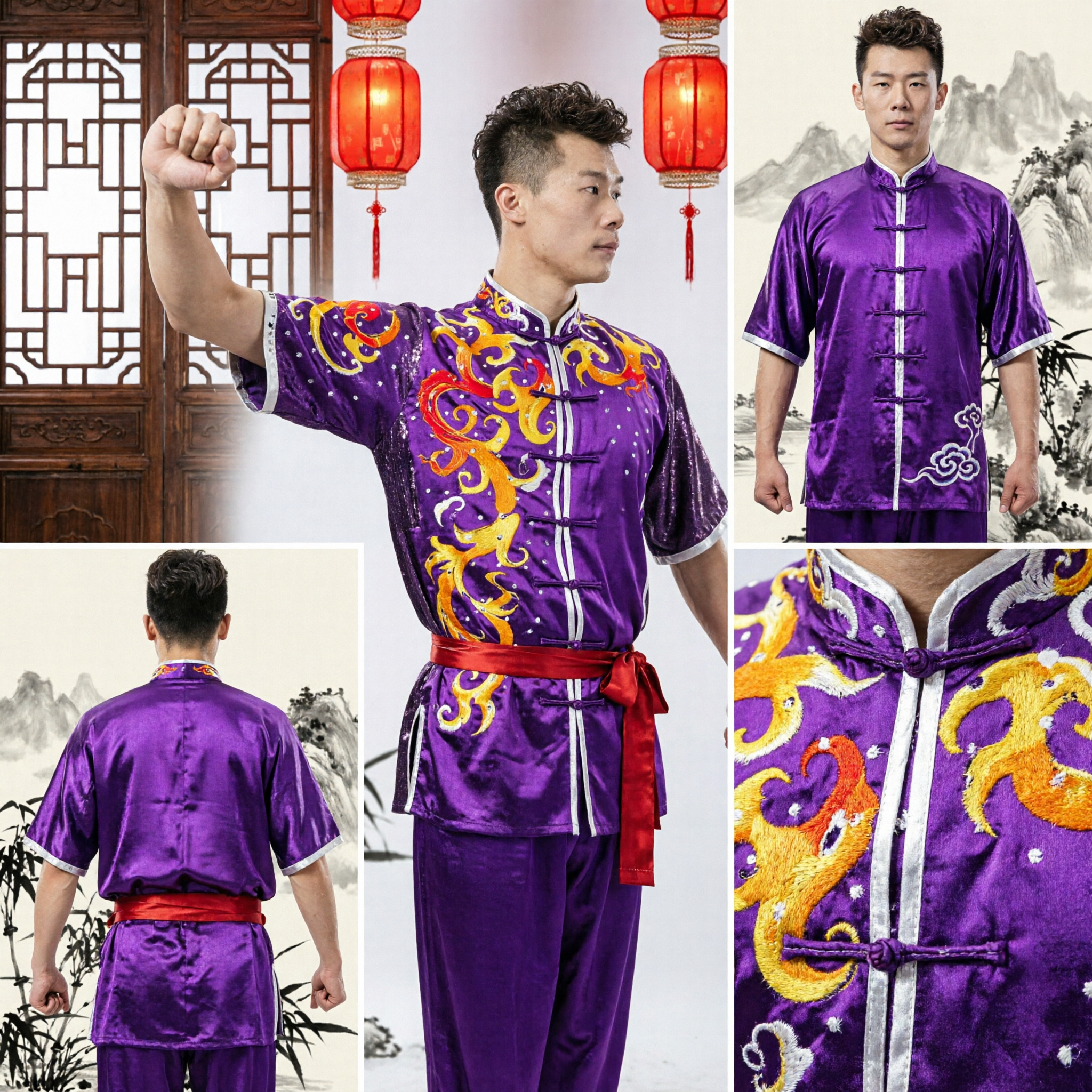 Professional Men's Purple Dragon Embroidery Wushu Kung Fu Uniform Tai Chi Competition Performance Costume Set - Asian Costume