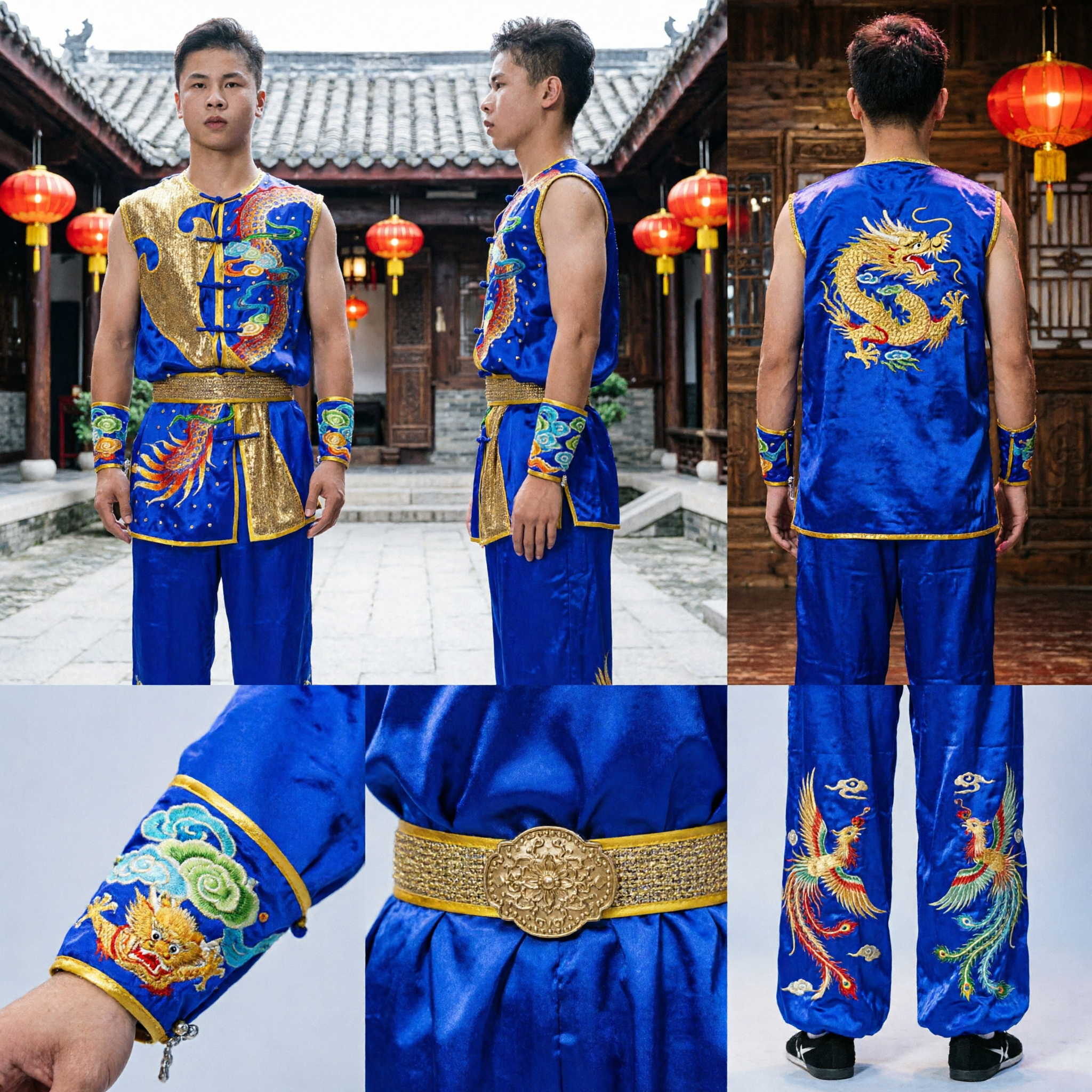 Blue Gold Dragon Embroidery Sleeveless Wushu Uniform Traditional Kung Fu Martial Arts Performance Costume for Men - Asian Costume