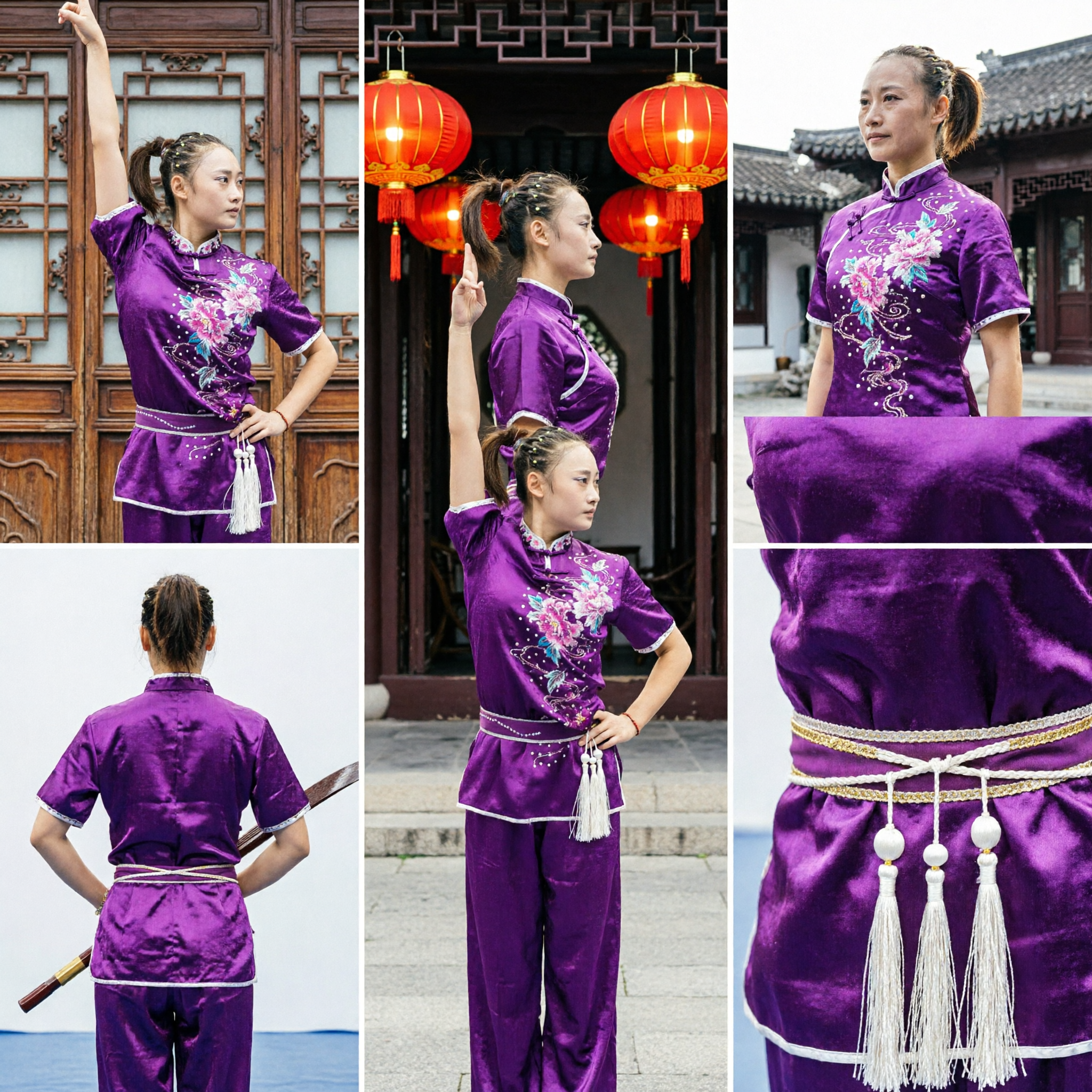 Traditional Purple Silk Wushu Uniform for Girls Chinese Kung Fu Tai Chi Competition Costume Set - Asian Costume