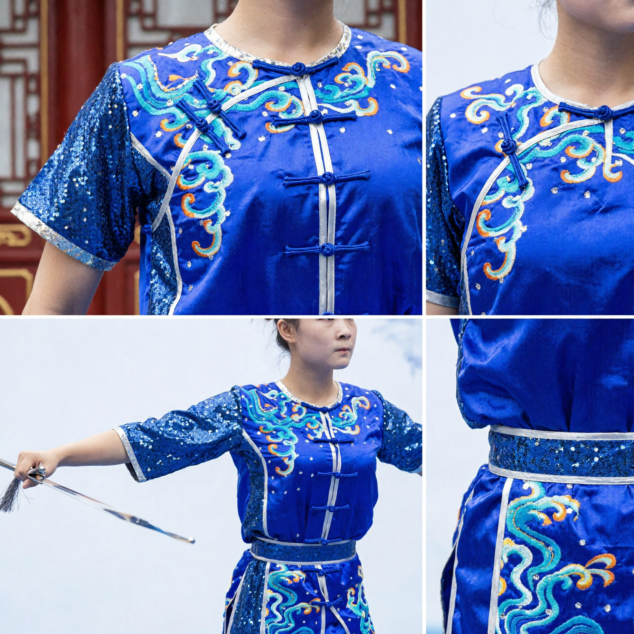 Women's Blue Wushu Uniform Traditional Kung Fu Suit Dragon Embroidery Sequin Martial Arts Competition Costume - Asian Costume