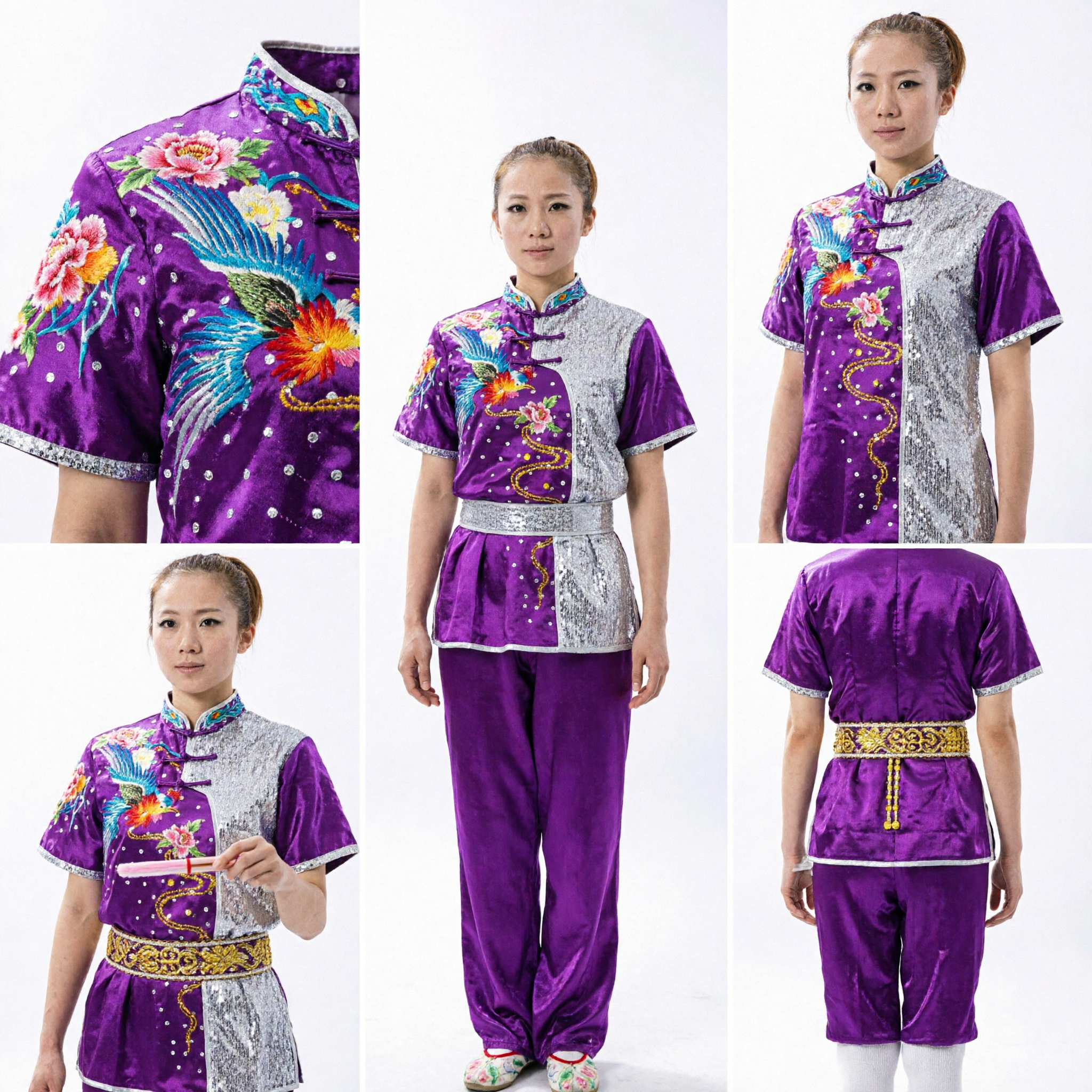Women's Purple Phoenix Embroidered Tai Chi Uniform Short Sleeve Wushu Kung Fu Traditional Performance Competition Suit - Asian Costume