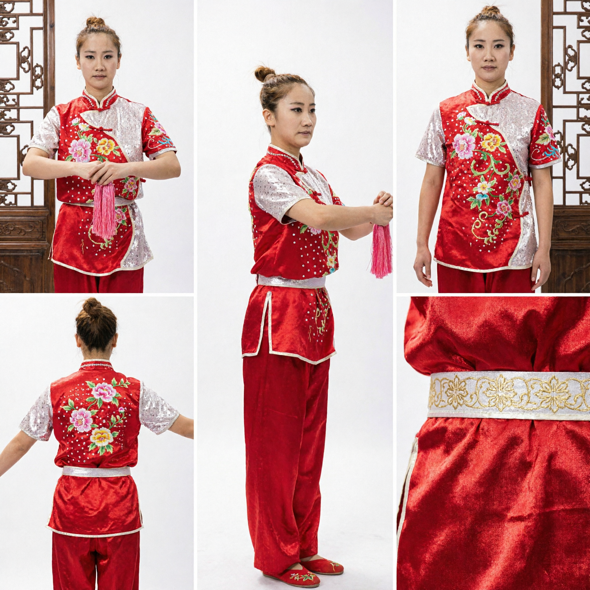 Women's Red Floral Embroidered Traditional Wushu Kung Fu Tai Chi Competition Performance Uniform Costume - Asian Costume