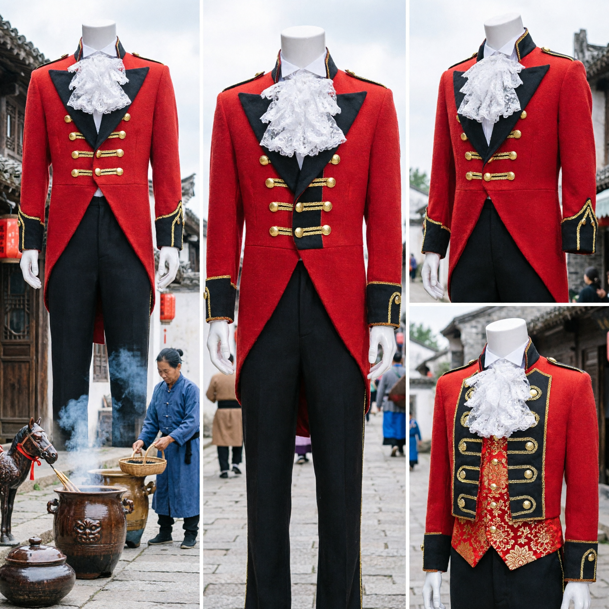 Men's Red Ringmaster Costume Victorian Prince Suit with Gold Button Tailcoat for Halloween Cosplay and Stage Performance - Asian Costume