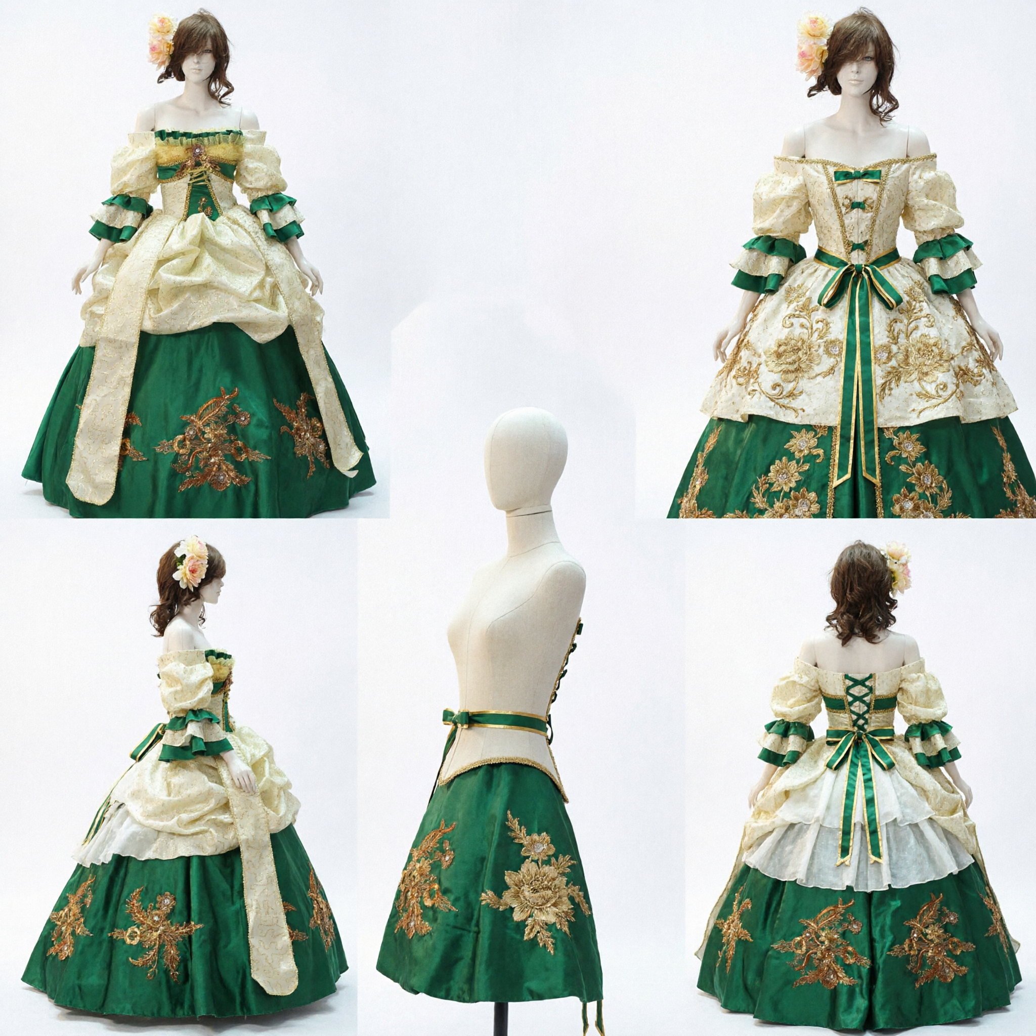 Elegant Green and Gold Renaissance Ball Gown Costume for Women Historical Cosplay Masquerade Party Dress - Asian Costume