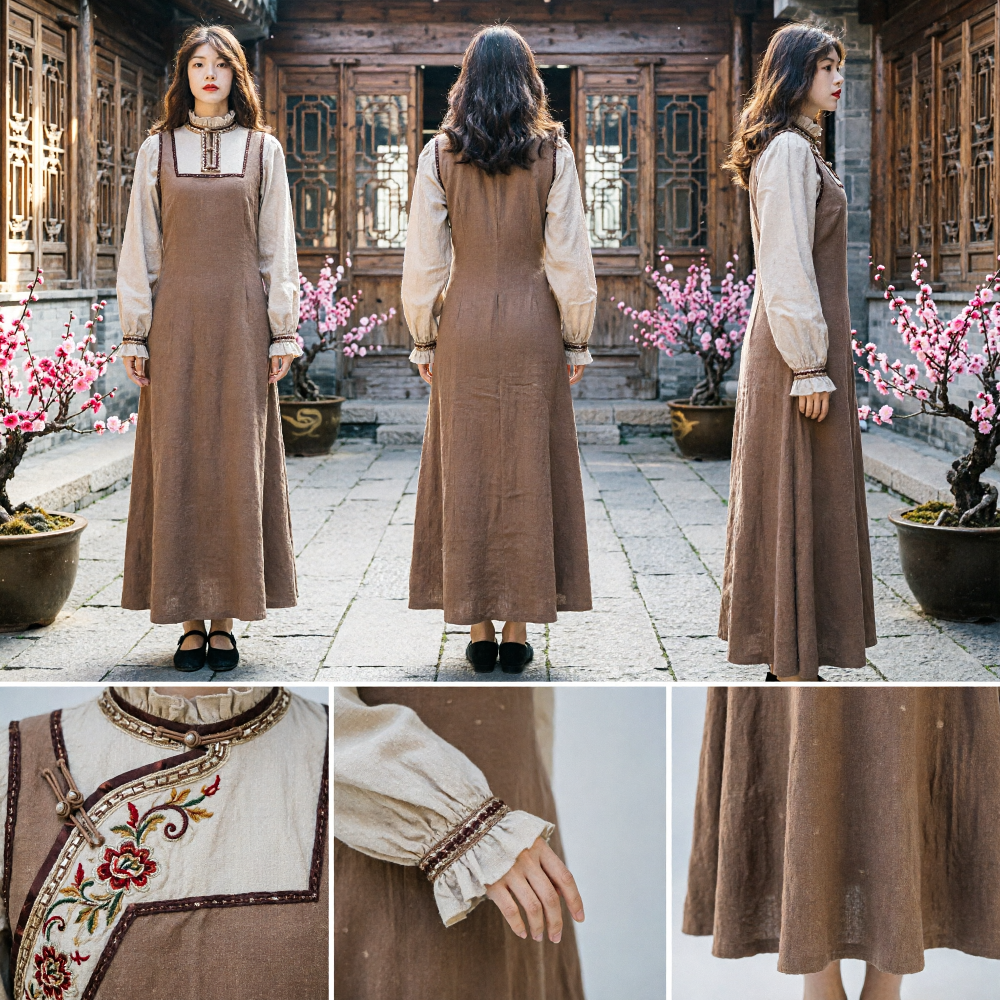 Victorian Pioneer Dress Costume Brown Pinafore and Cream Blouse Set for Historical Cosplay and Theater - Asian Costume