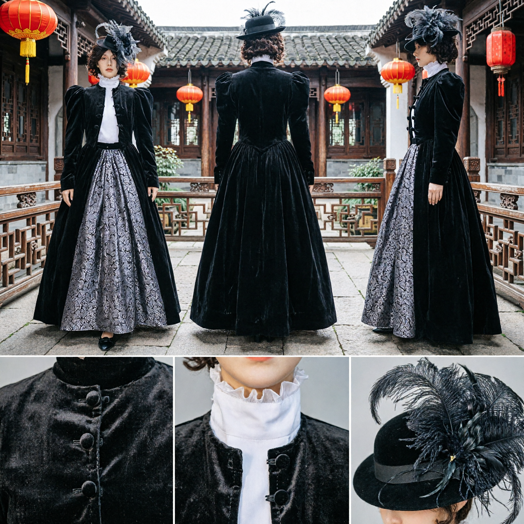 Black Velvet Victorian Gibson Girl Costume with Puffed Sleeves and Brocade Skirt for Women Halloween Party - Asian Costume