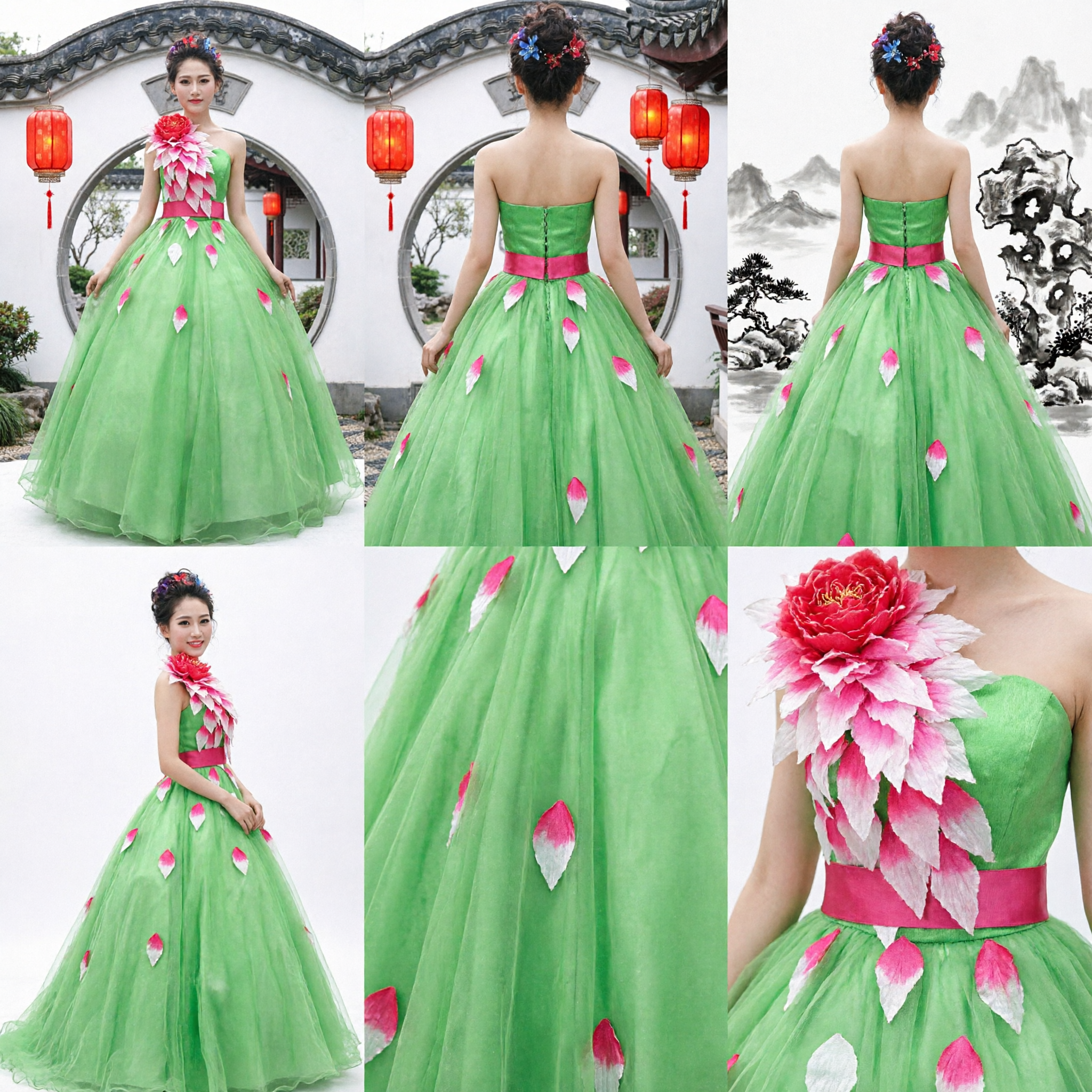 Women's Green Lotus Dance Costume Traditional Chinese Stage Performance Dress for Chorus and Folk Dance - Asian Costume