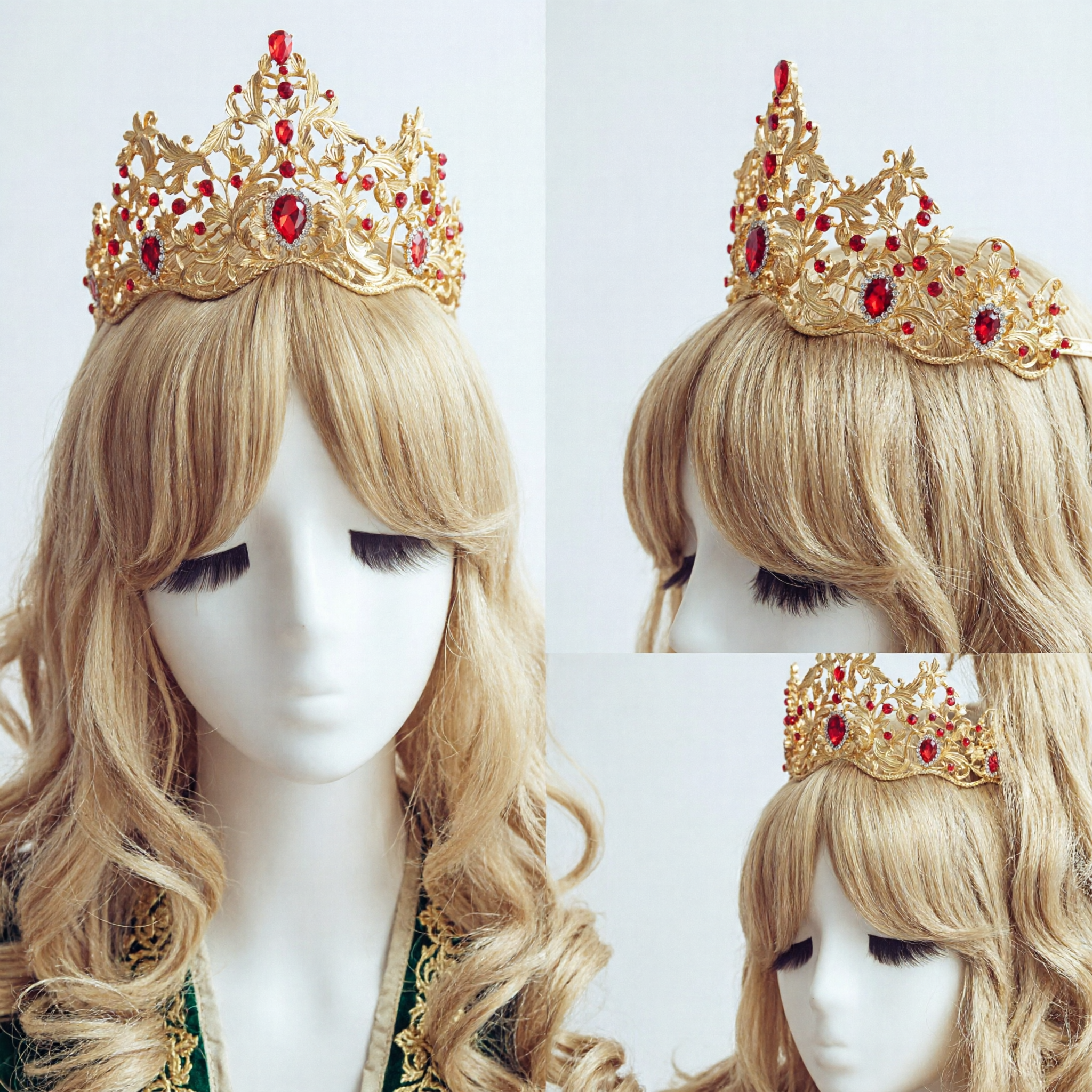 Luxury Baroque Gold Crown with Red Rhinestones Royal Princess Tiara for Wedding Pageant Cosplay - Asian Costume