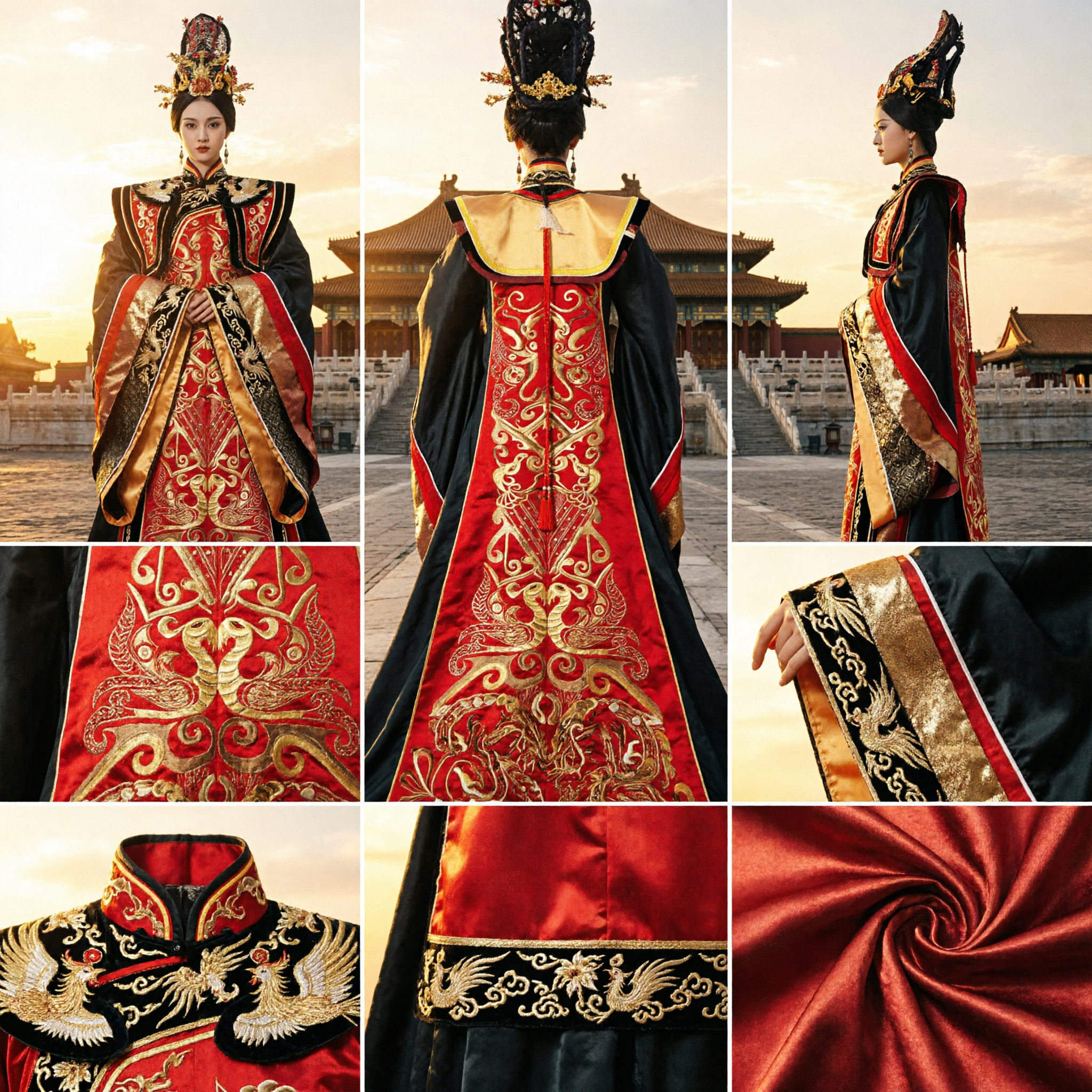 Ancient Chinese Empress Hanfu Costume Red and Black Royal Robe with Gold Embroidery for Drama Performance and Cosplay - Asian Costume