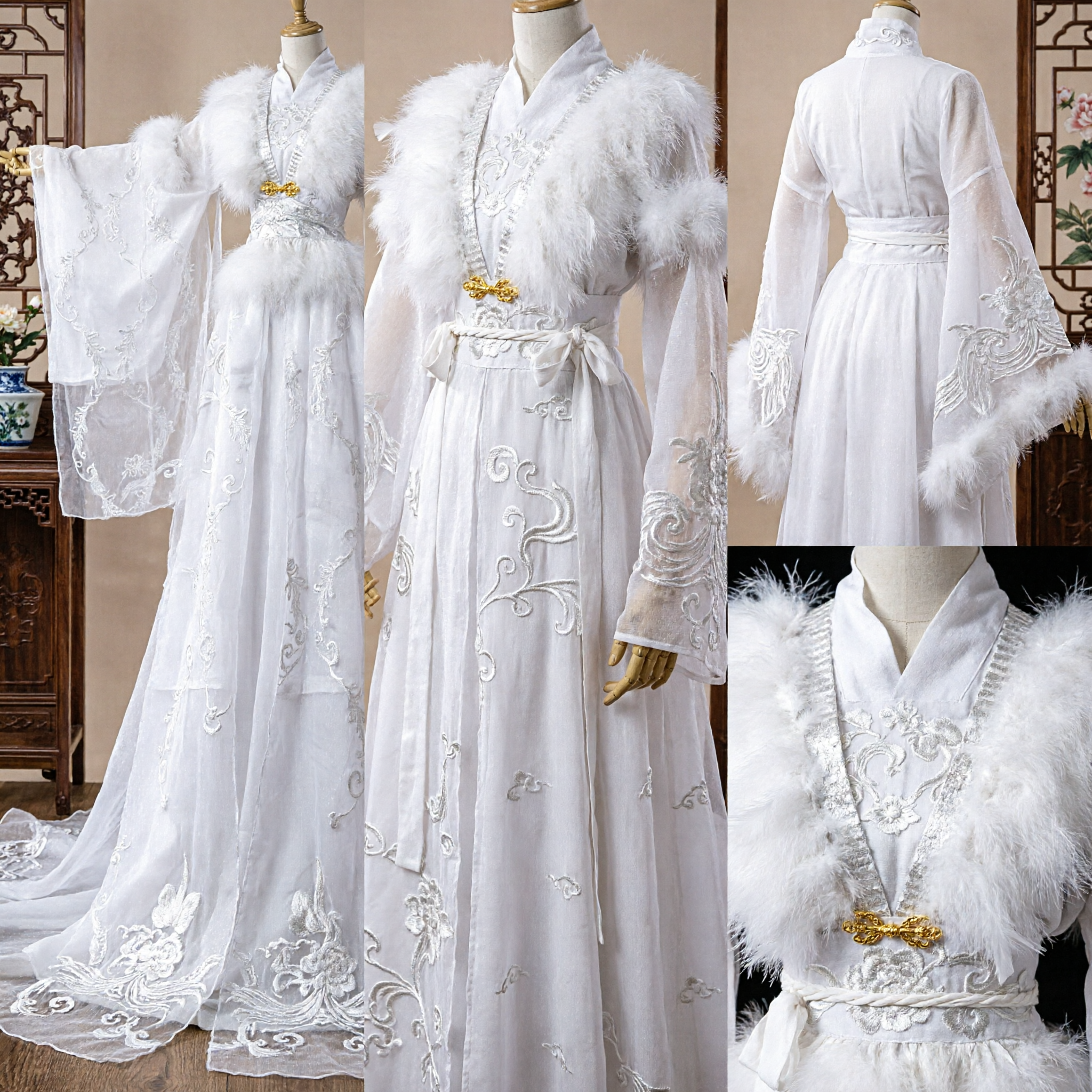 Elegant White Ancient Chinese Hanfu Princess Costume with Fur Collar for Women Cosplay and Performance - Asian Costume
