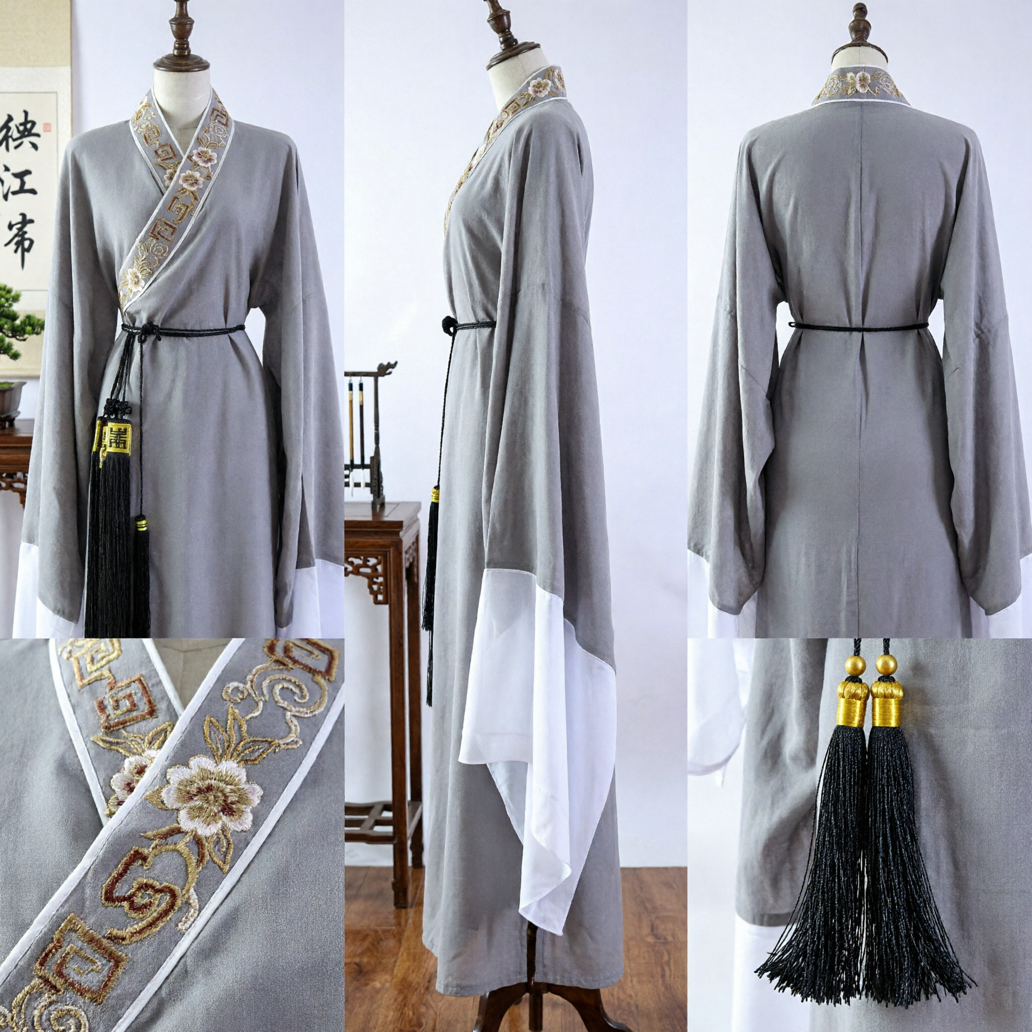 Men's Traditional Chinese Hanfu Grey Scholar Robe with Gold Embroidery Ancient Costume for Cosplay - Asian Costume