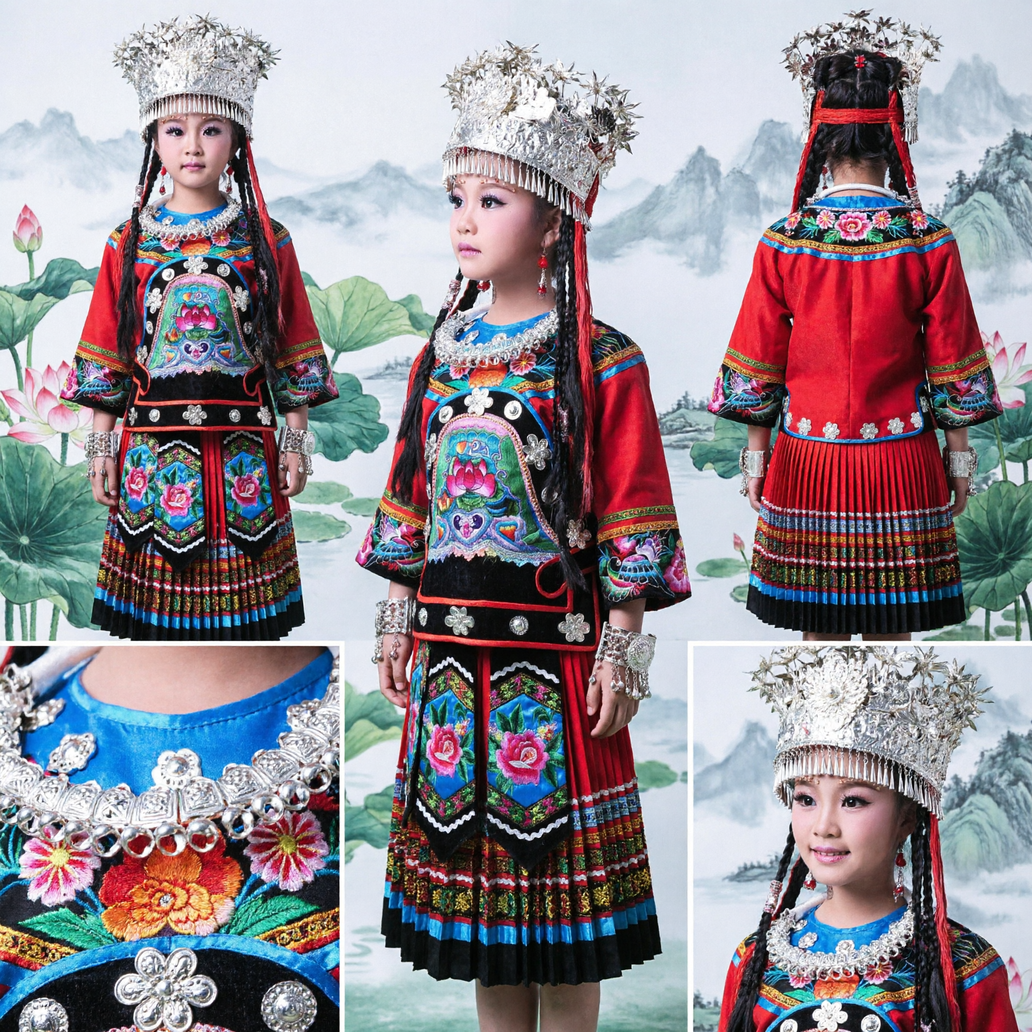 Chinese Miao Minority Traditional Embroidered Dress for Girls Folk Dance Performance Costume with Silver Headdress - Asian Costume