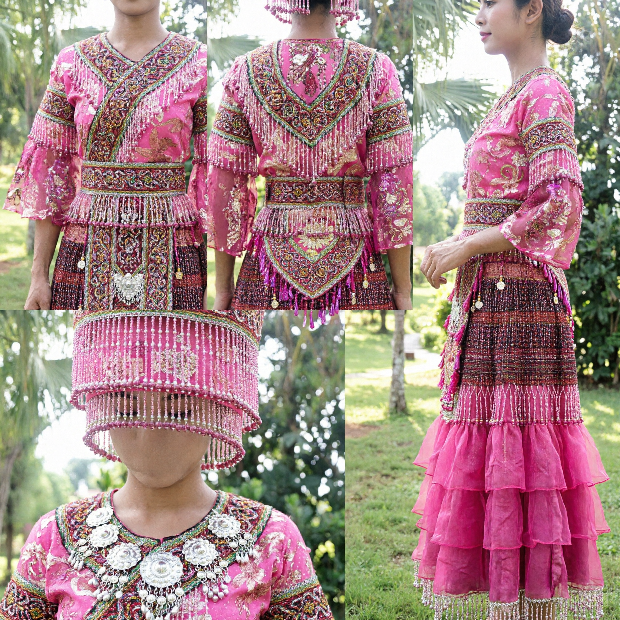 Traditional Chinese Ethnic Minority Pink Embroidered Dance Costume with Headdress for Folk Festival Performance - Asian Costume