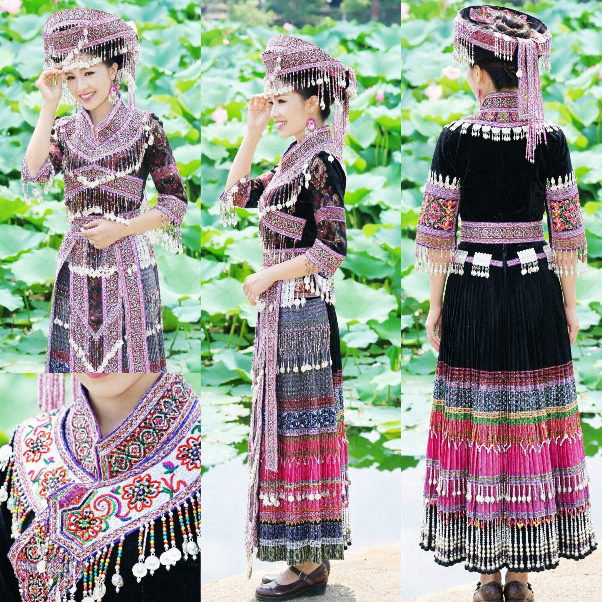 Traditional Chinese Miao Hmong Ethnic Costume Women's Embroidered Dress with Silver Fringe Headpiece for Folk Dance Performance - Asian Costume