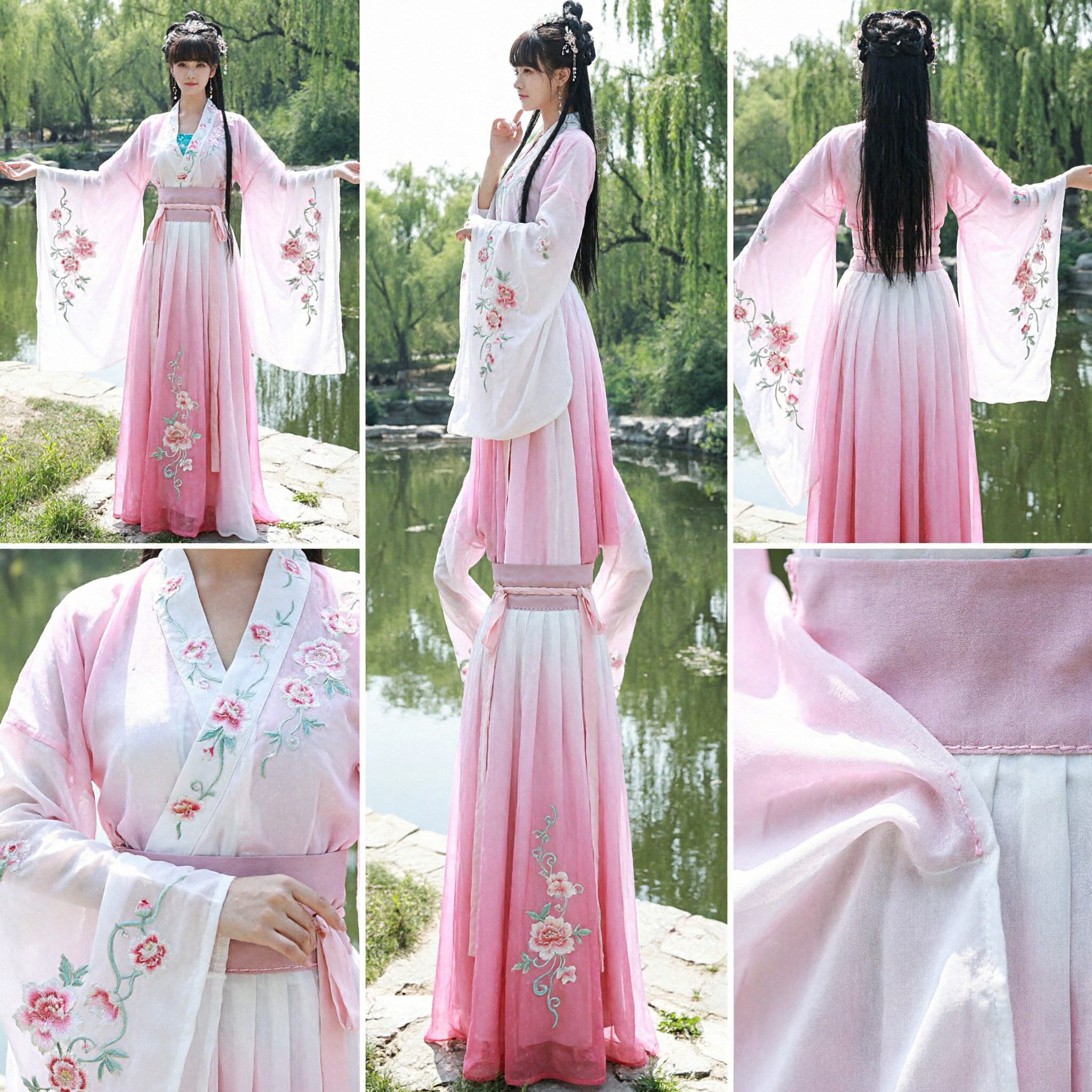 Traditional Chinese Hanfu Ancient Fairy Princess Costume Pink and White Dress with Long Water Sleeves for Women - Asian Costume