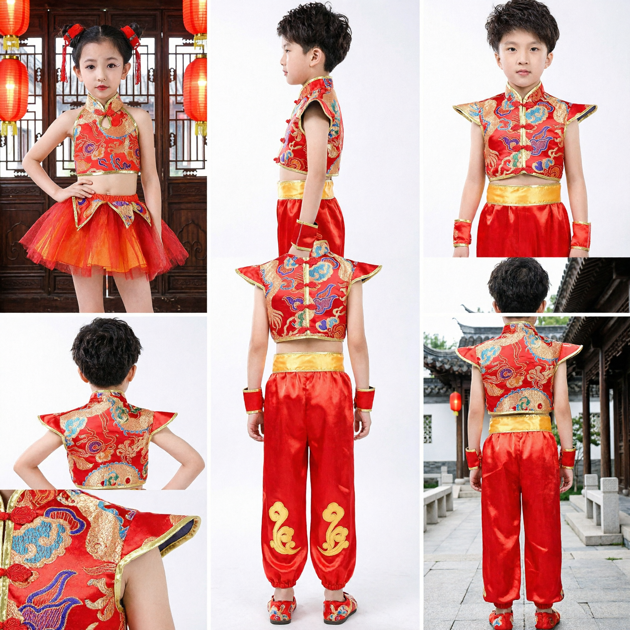 Kids Red Dragon Embroidery Folk Dance Costume Traditional Chinese New Year Performance Outfit for Boys Girls - Asian Costume