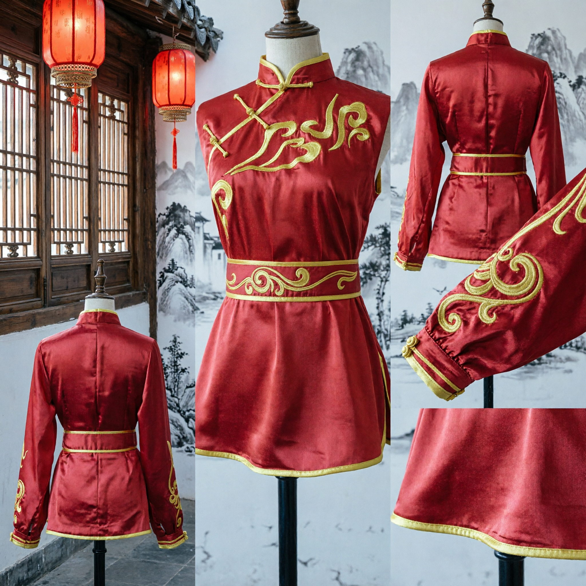 Traditional Red Satin Chinese Kung Fu Uniform Wushu Martial Arts Suit with Gold Embroidery for Performance - Asian Costume