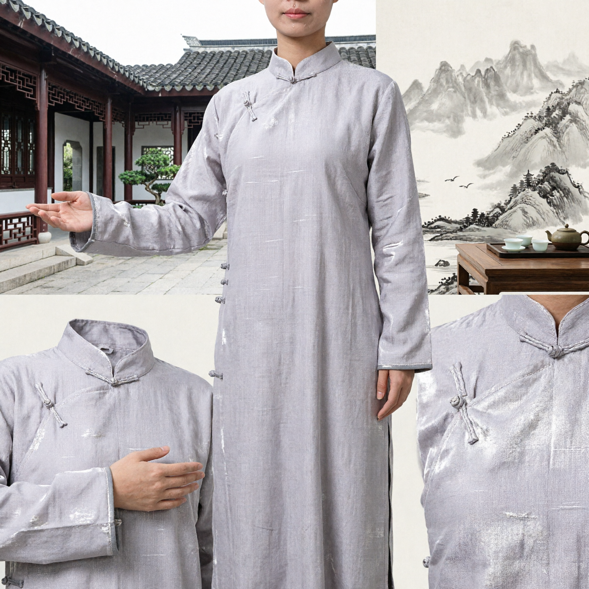 Womens Light Grey Linen Tai Chi Suit Traditional Chinese Kung Fu Martial Arts Uniform Set - Asian Costume