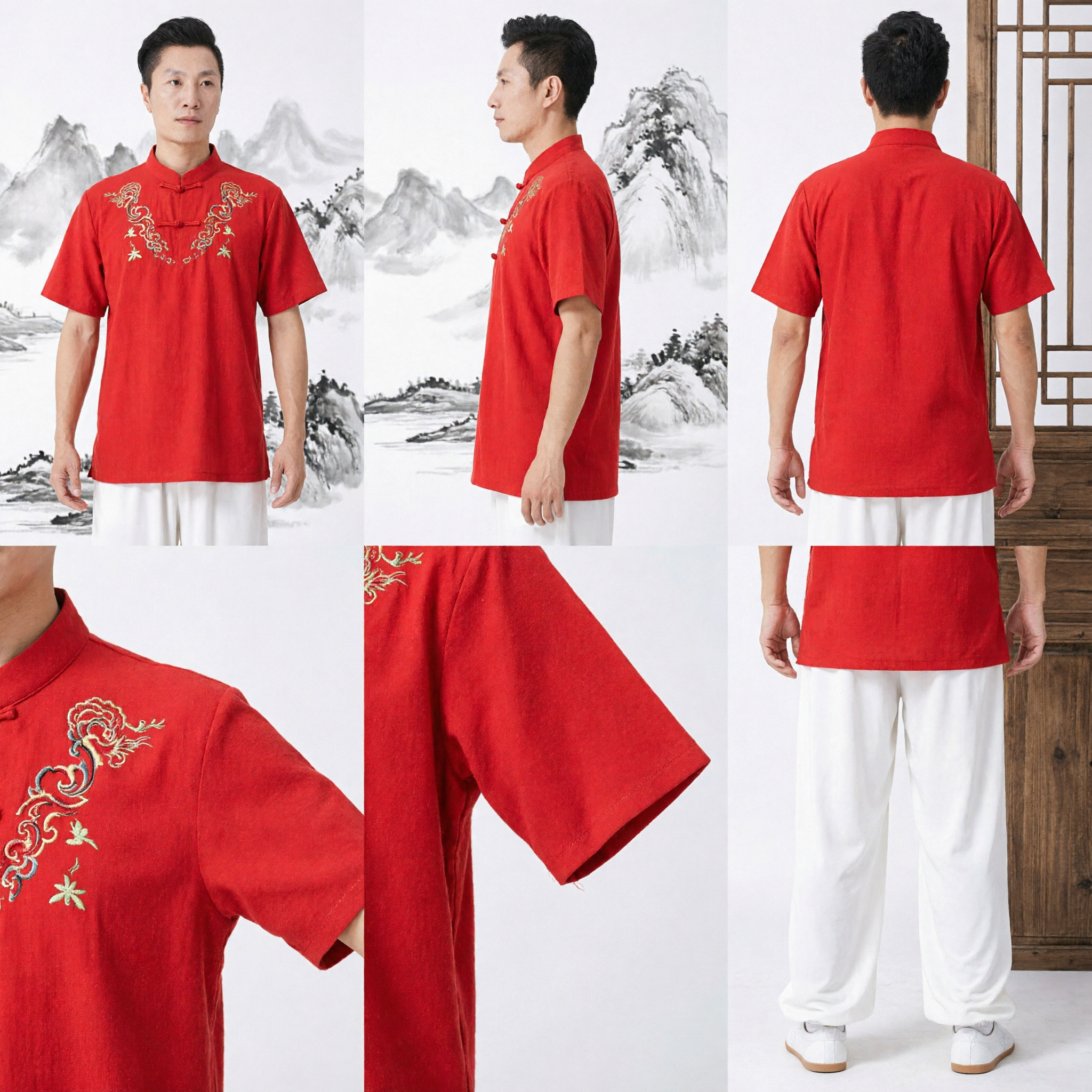 Men's Red Short Sleeve Tai Chi Kung Fu Uniform with Gold Dragon Embroidery Traditional Martial Arts Costume - Asian Costume