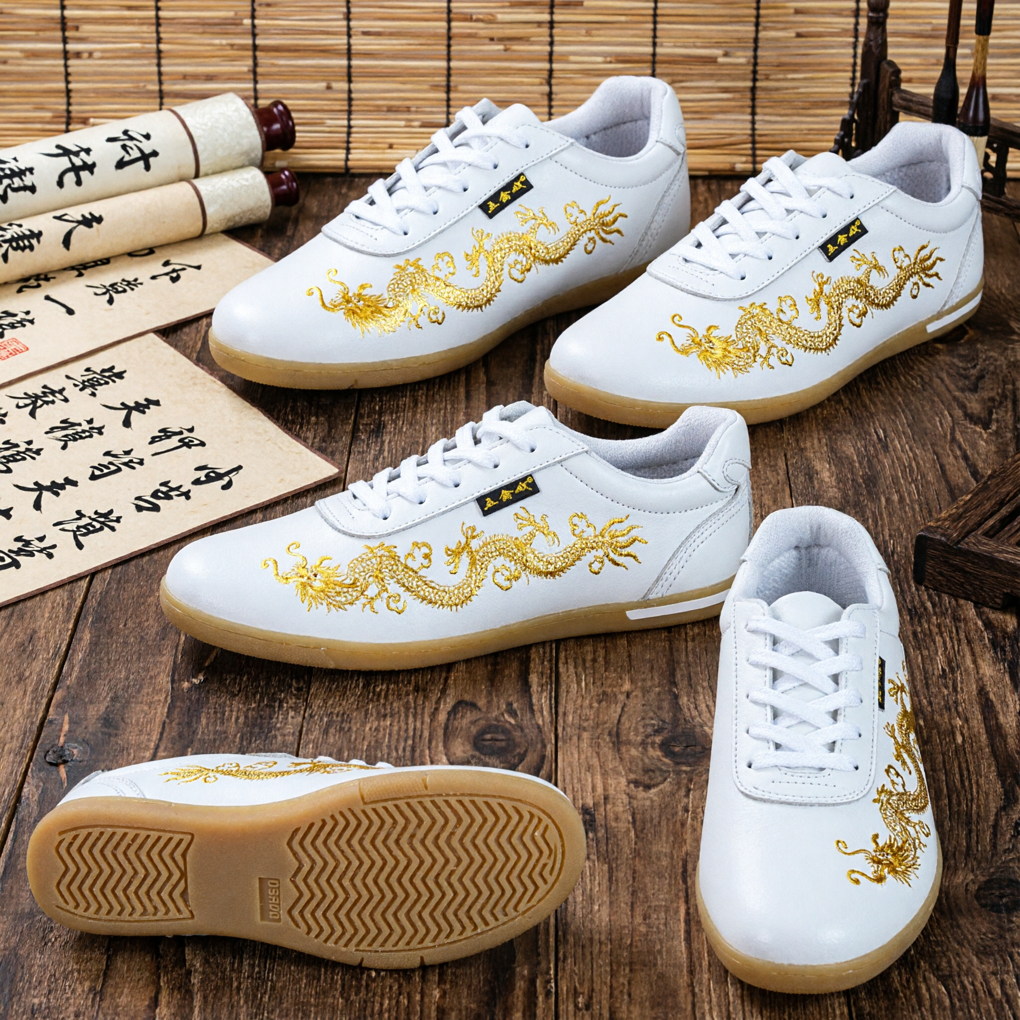 White Leather Kung Fu Shoes with Gold Dragon Embroidery for Wushu Tai Chi Martial Arts Training - Asian Costume