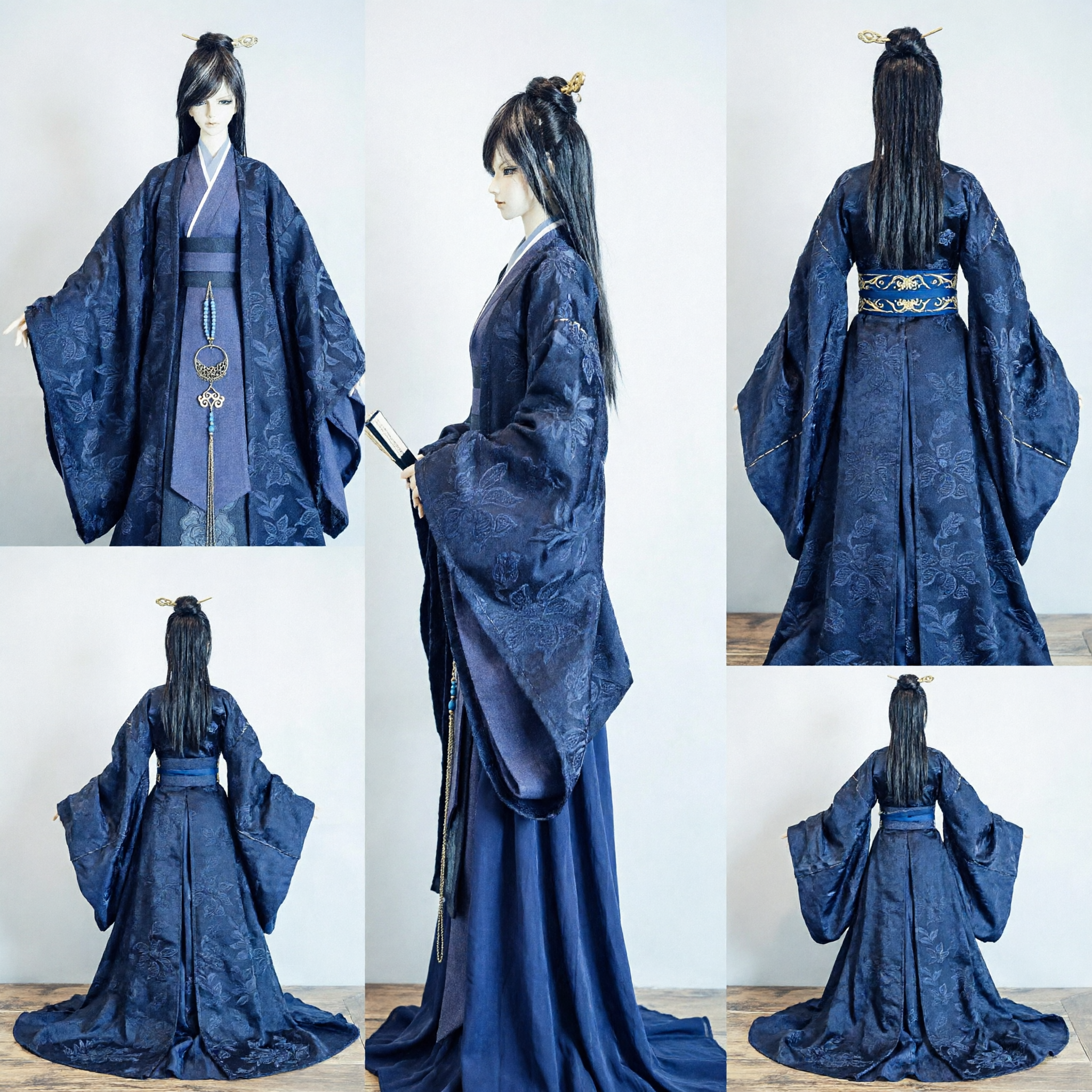 Traditional Chinese Hanfu Ancient Noble Scholar Costume Dark Blue Jacquard Robe for Men Cosplay and Display - Asian Costume