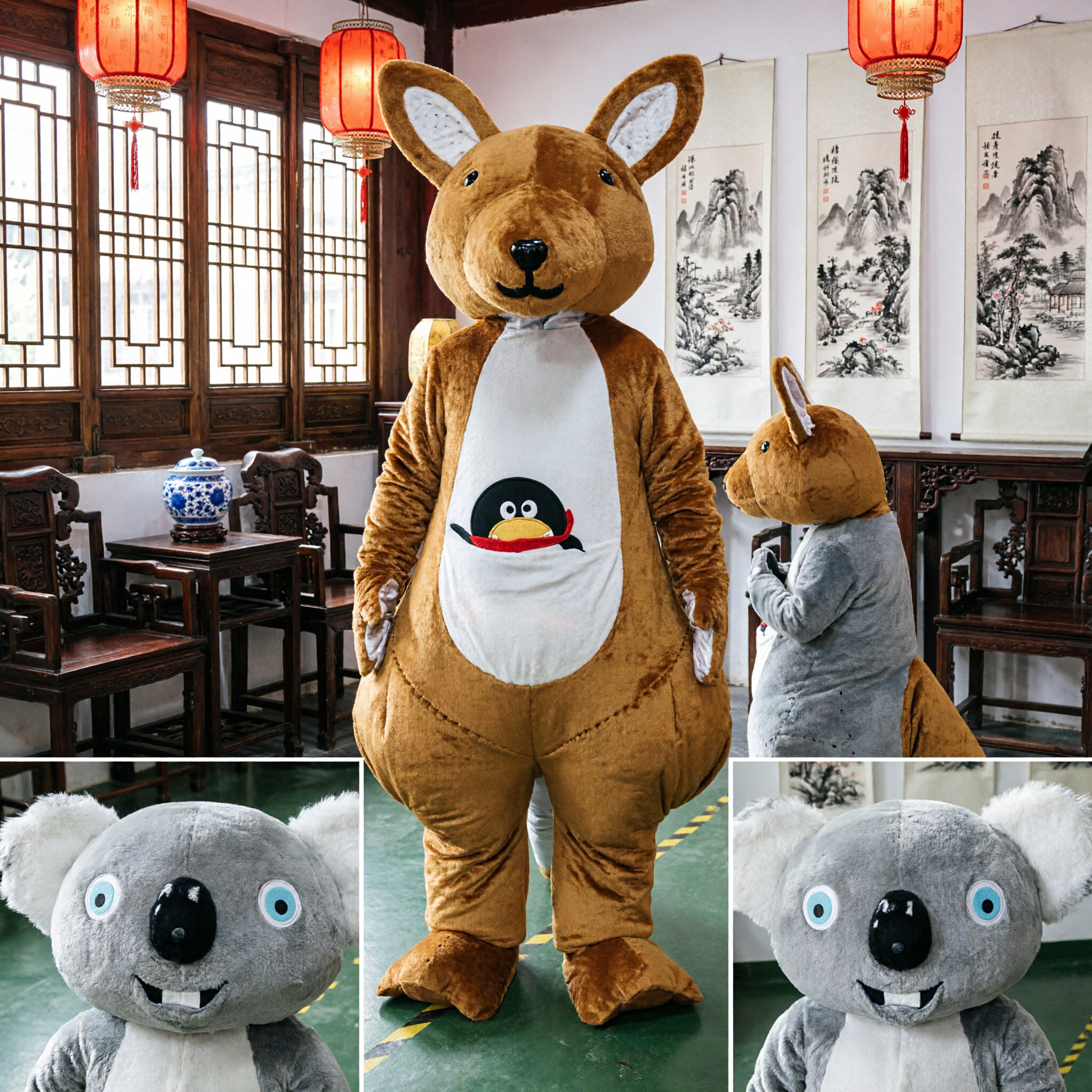 Adult Plush Kangaroo with Joey and Koala Bear Mascot Costumes for Carnival Theme Parties - Asian Costume