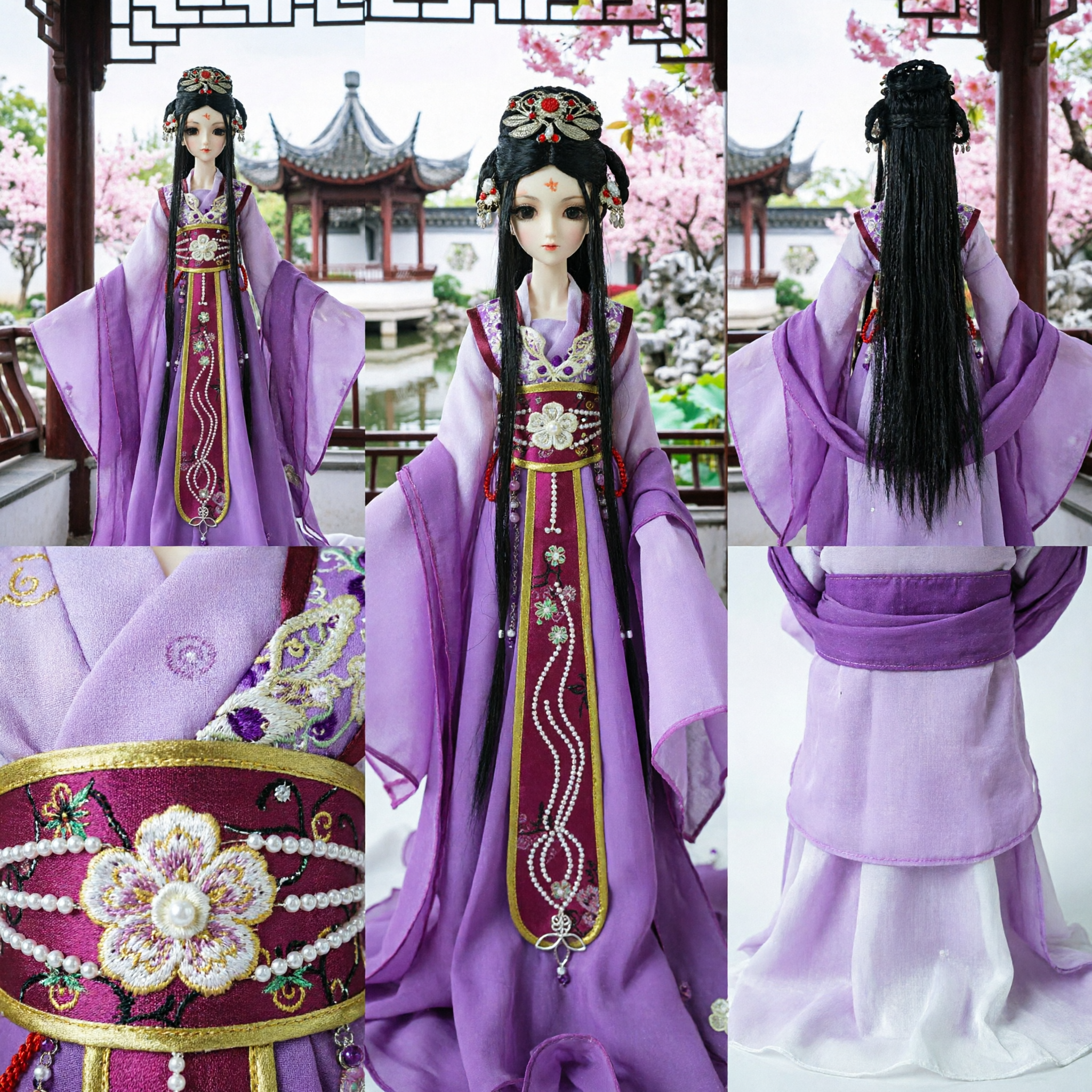 Traditional Chinese Purple Hanfu Costume for Dolls Ancient Princess Dress with Floral Embroidery and Headpiece - Asian Costume