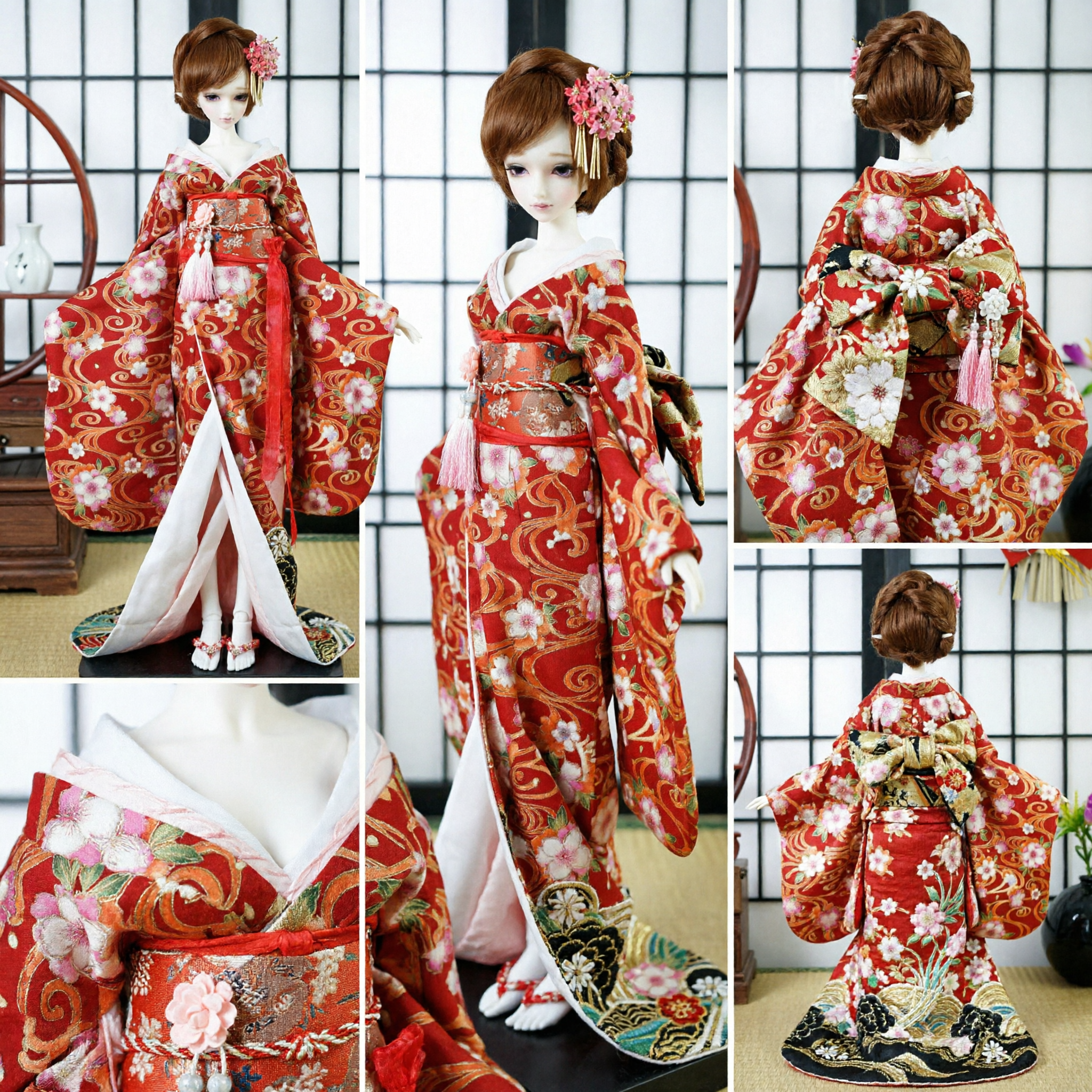 Red Floral Traditional Kimono Costume for BJD Dolls Asian Oriental Wedding Hanfu Dress Collectible Gift - Asian Costume