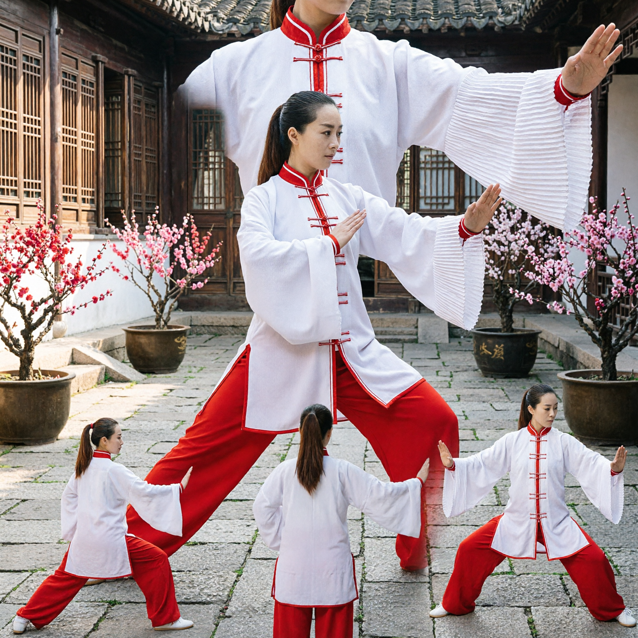 Women's Traditional Chinese Kung Fu Uniform White Top Red Pants Tai Chi Martial Arts Suit - Asian Costume