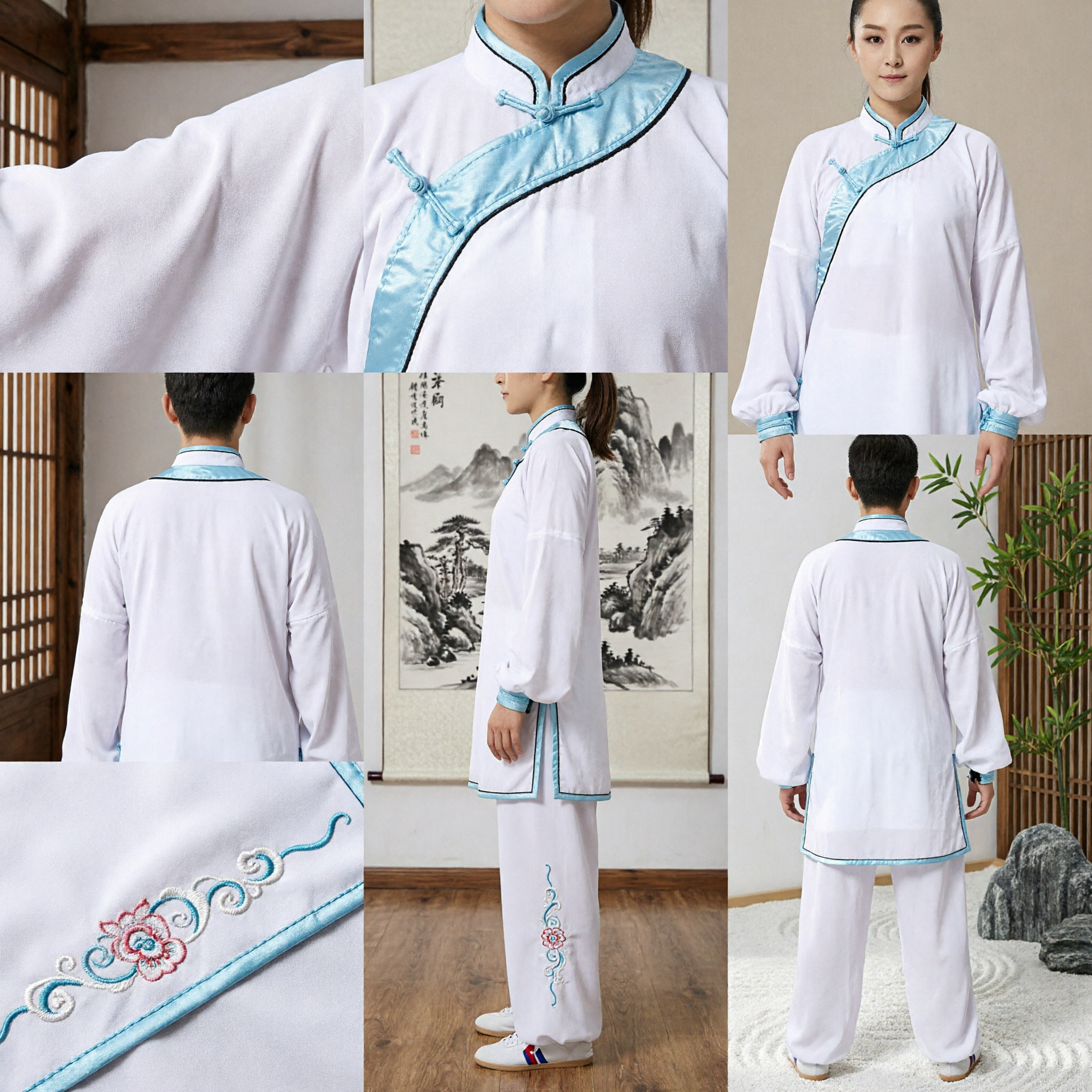 Women's White Tai Chi Uniform Traditional Chinese Kung Fu Suit with Blue Trim for Wushu Practice - Asian Costume