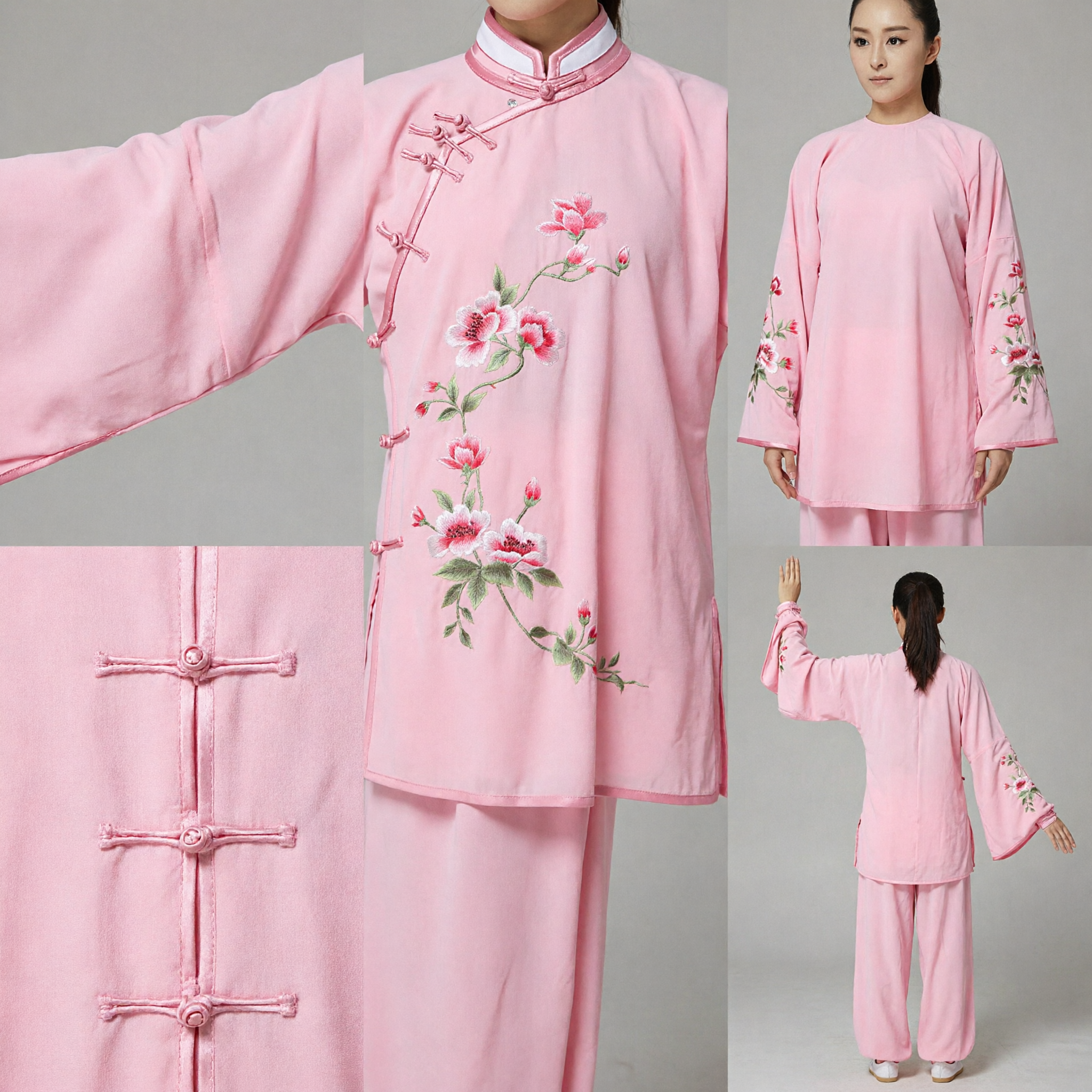 Women's Pink Traditional Chinese Tai Chi Kung Fu Uniform Floral Embroidery Martial Arts Practice Costume - Asian Costume