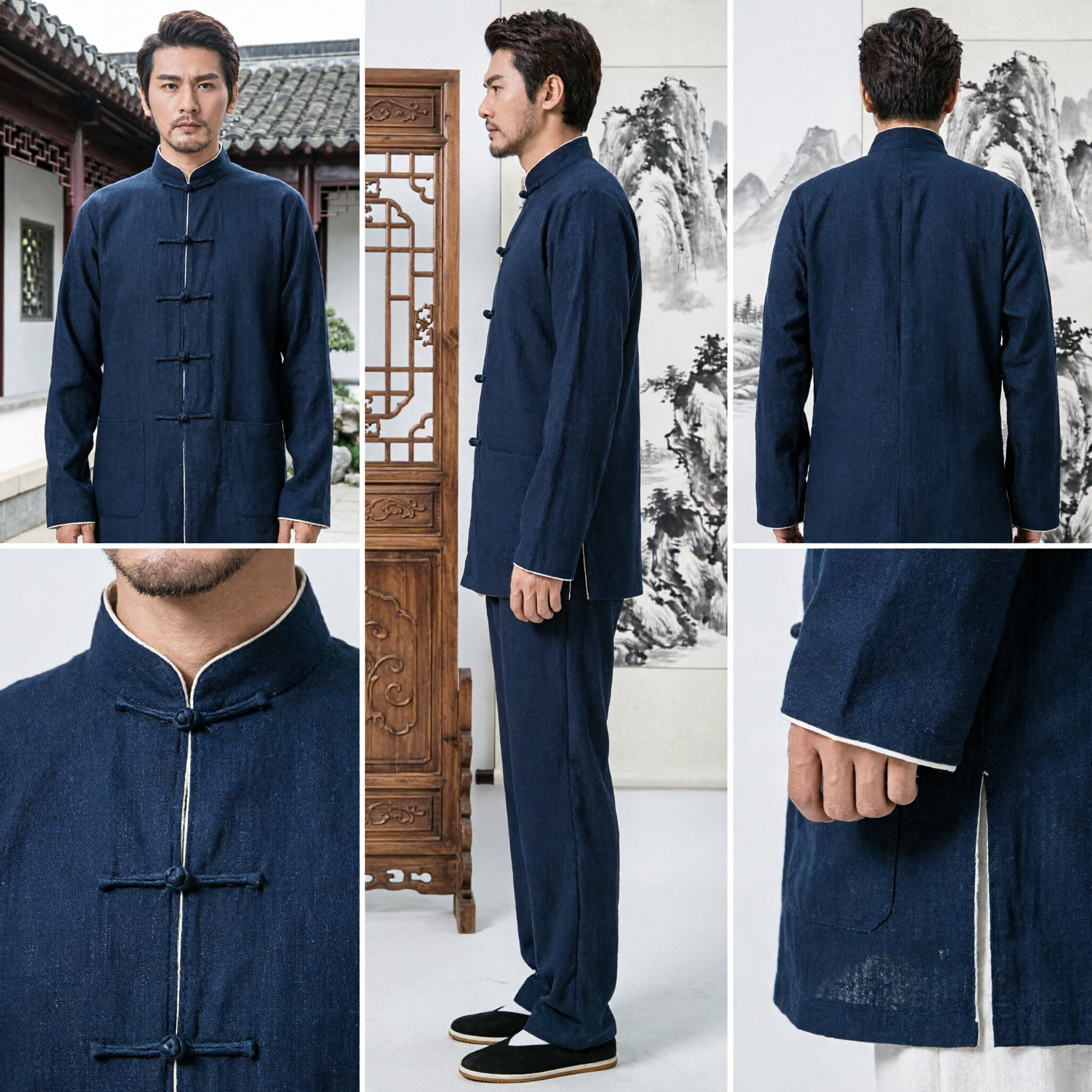 Men's Traditional Chinese Tang Suit Kung Fu Uniform Black Linen Tai Chi Clothing Set Mandarin Collar - Asian Costume