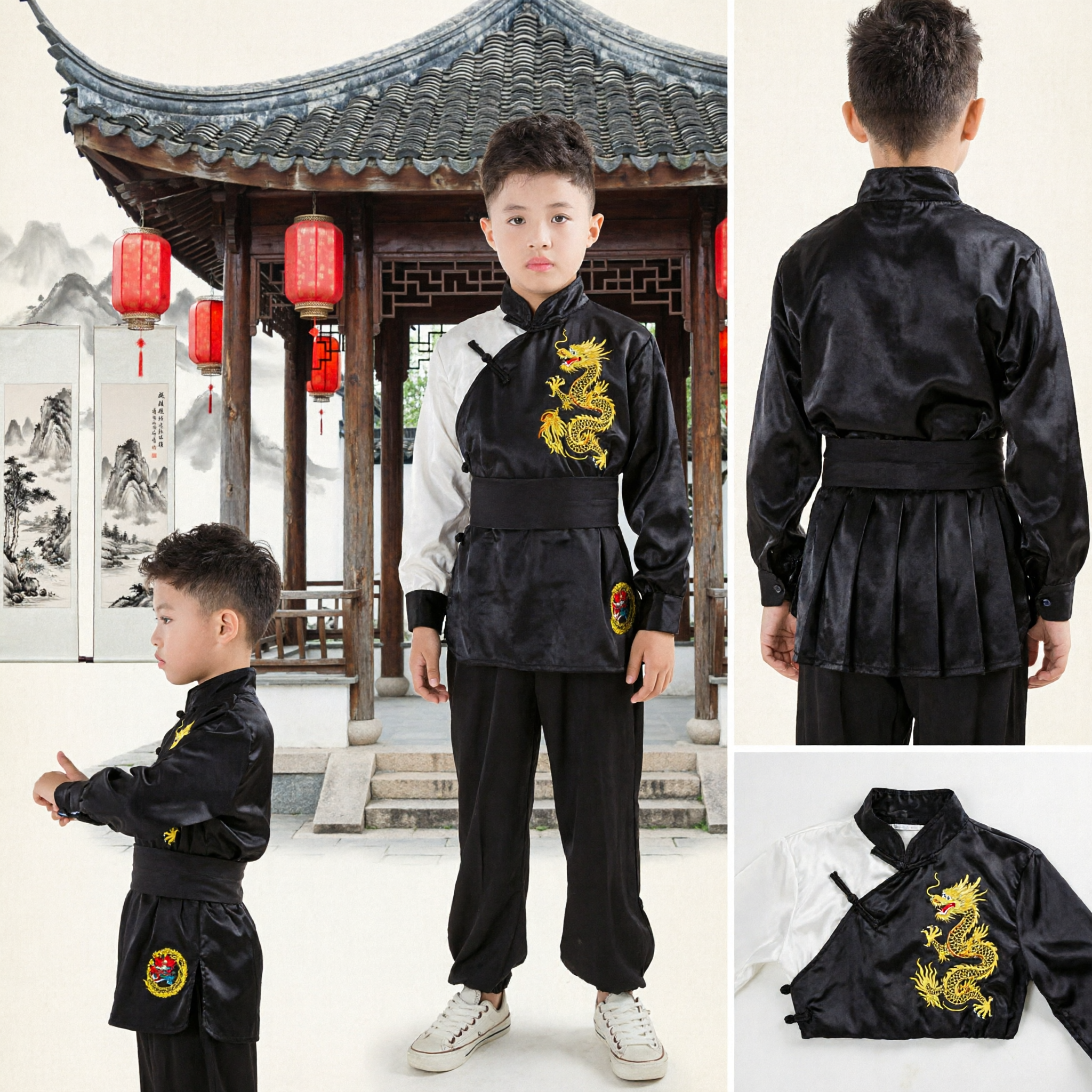 Kids Kung Fu Uniform Set Boys Traditional Chinese Wushu Martial Arts Costume with Dragon Embroidery - Asian Costume
