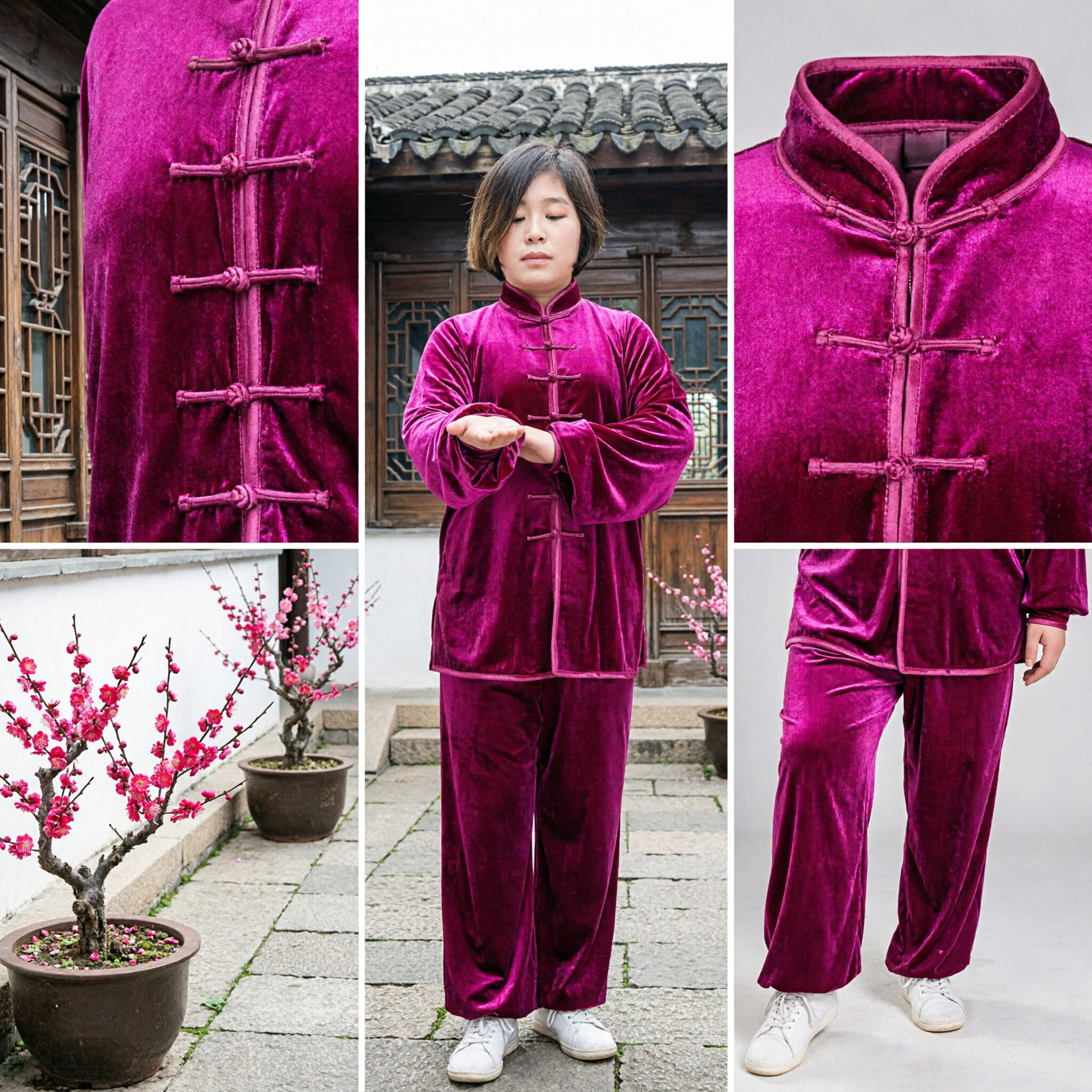 Women's Magenta Velvet Tai Chi Uniform Traditional Chinese Kung Fu Martial Arts Practice Suit Set - Asian Costume