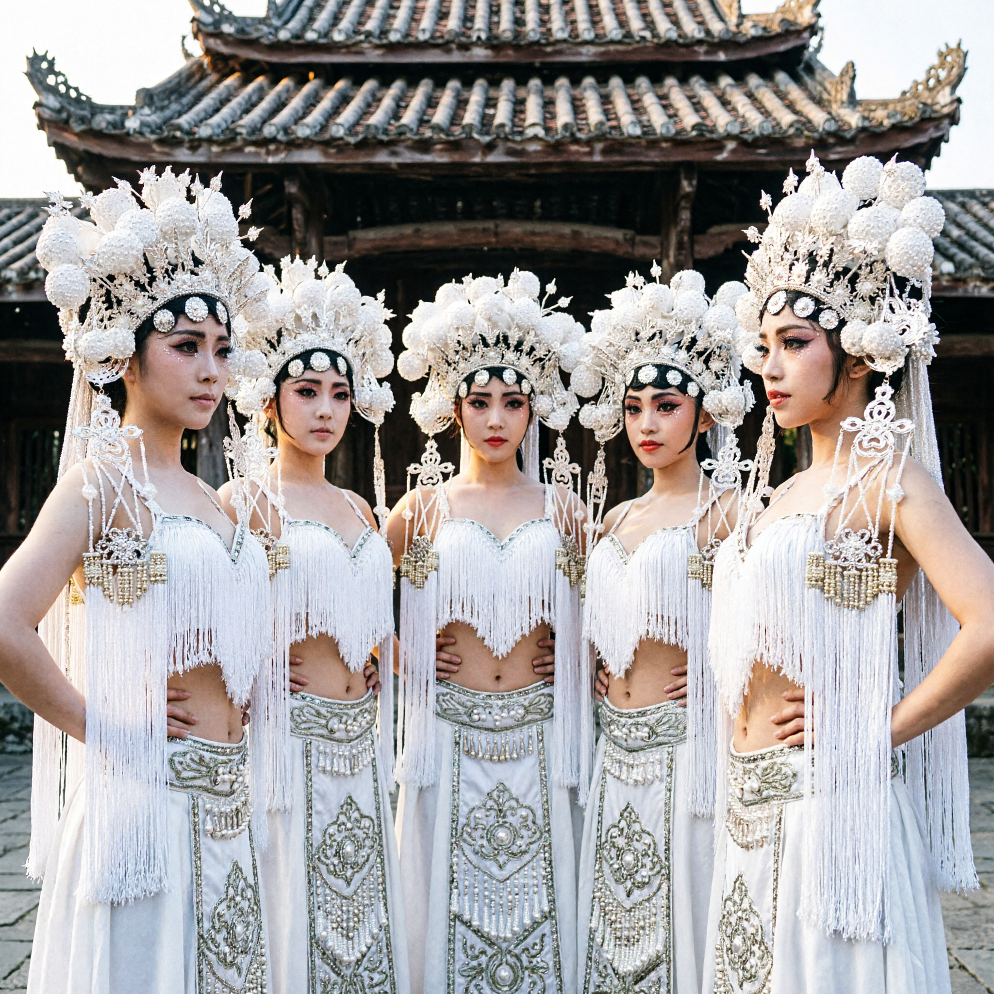 Traditional Chinese Ethnic Dance Costume White Elaborate Headdress Silver Fringe Stage Performance Outfit for Women - Asian Costume