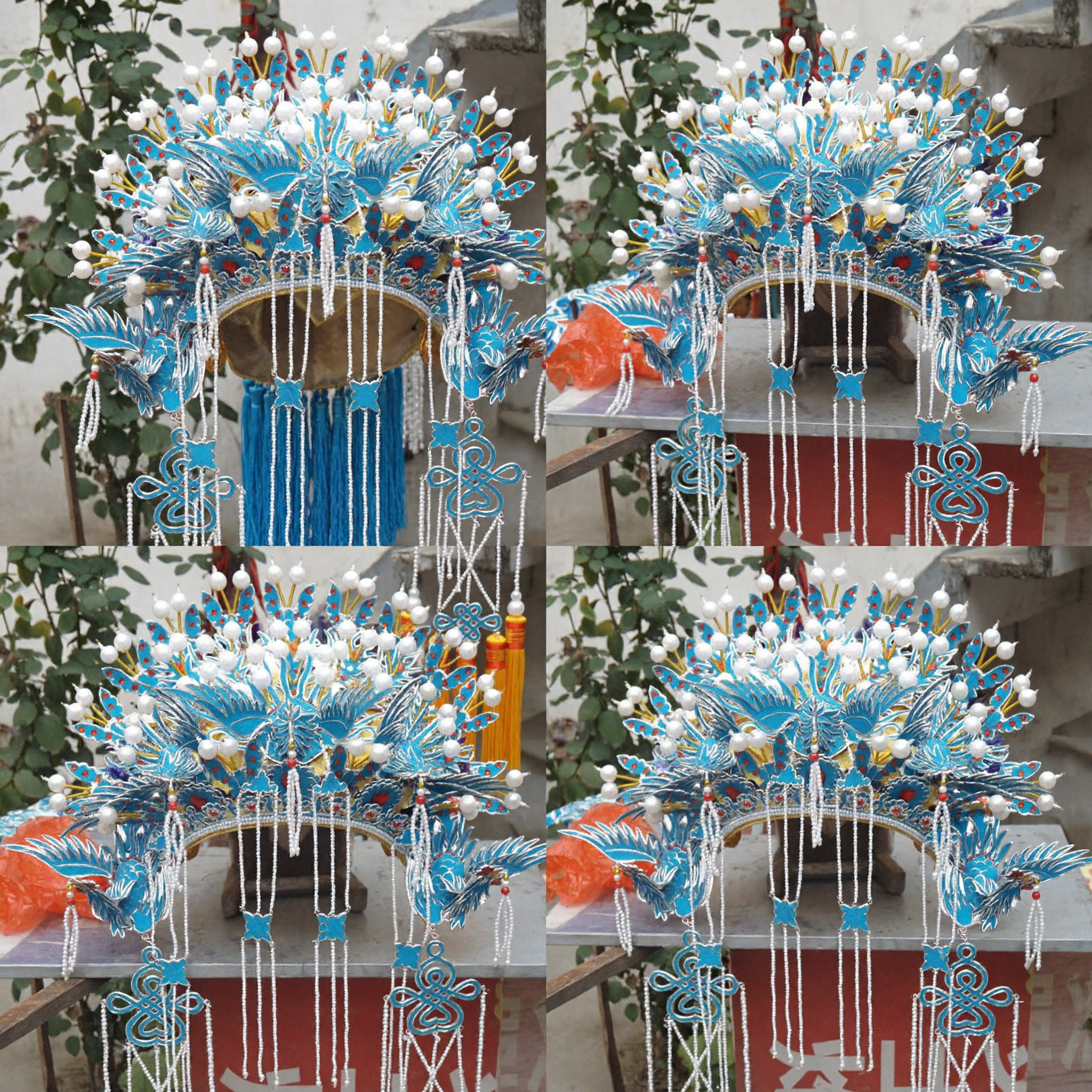 Exquisite Traditional Chinese Blue Phoenix Crown Headdress with Pearl Tassels for Beijing Opera Wedding Costume Women - Asian Costume