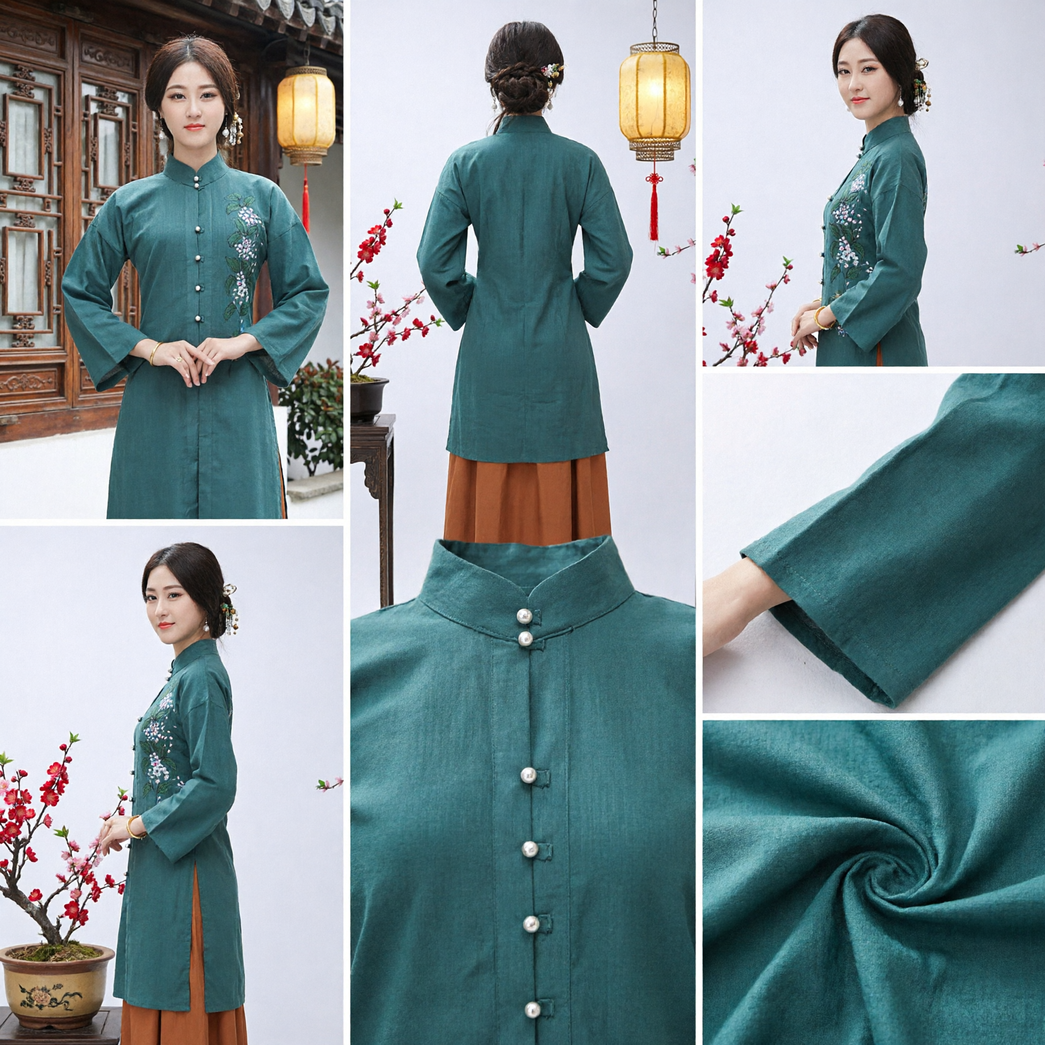 Traditional Chinese Women's Tang Suit Embroidered Mandarin Collar Top and Long Skirt Set for Tea Ceremony - Asian Costume