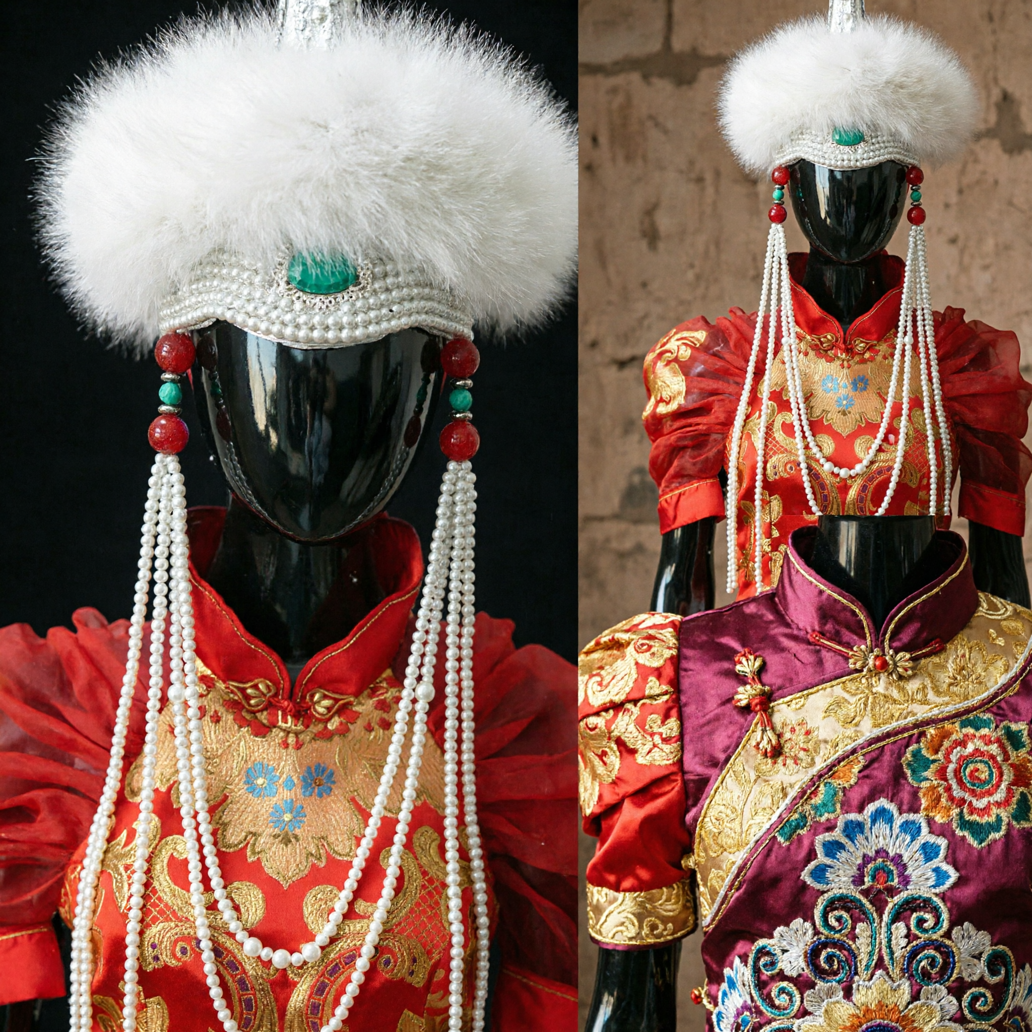 Traditional Mongolian White Fur Headdress with Pearl Beads and Tassels for Ethnic Wedding Ceremony Costume - Asian Costume
