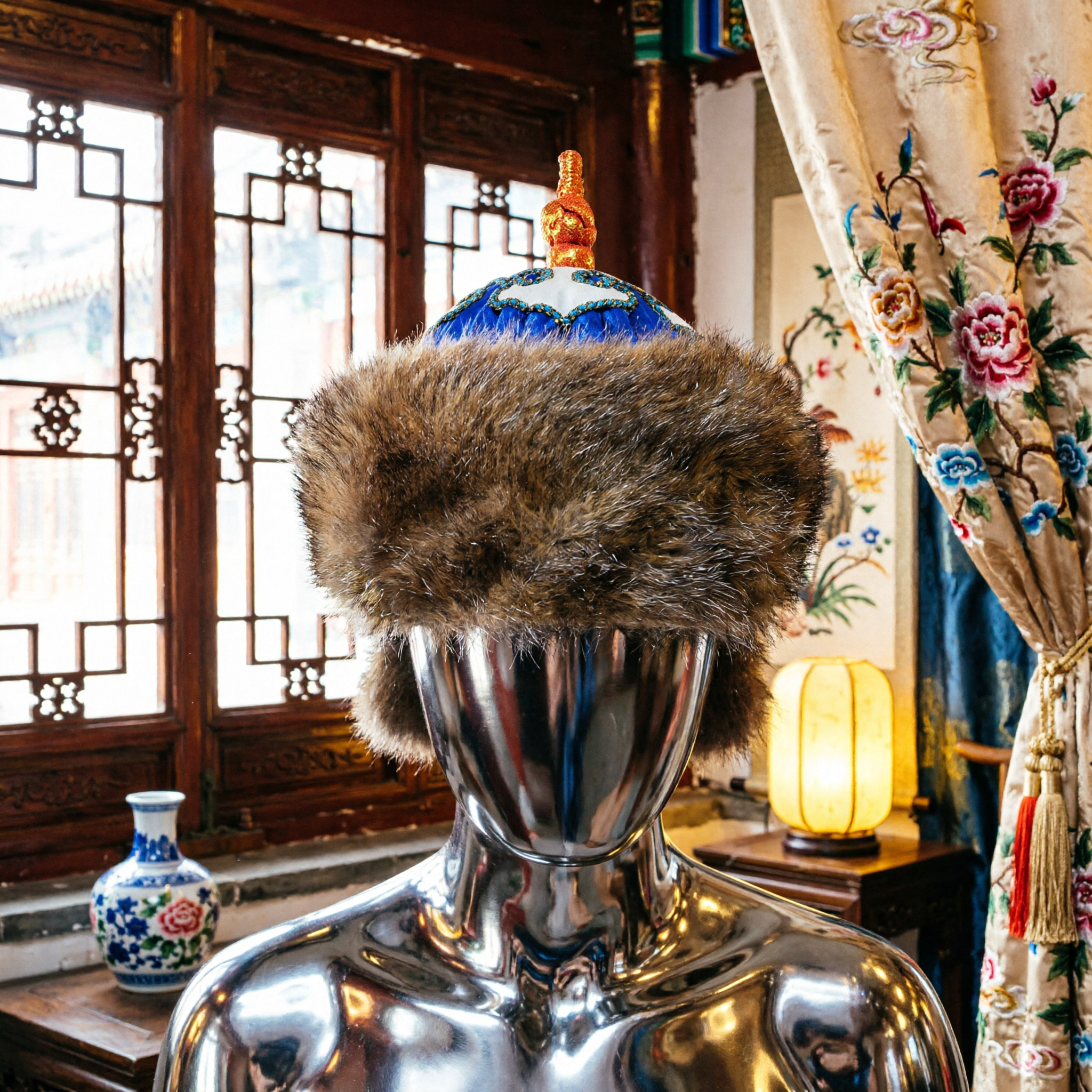 Traditional Chinese Qing Dynasty Winter Fur Hat Blue Embroidered Official Cap for Men Hanfu Cosplay - Asian Costume