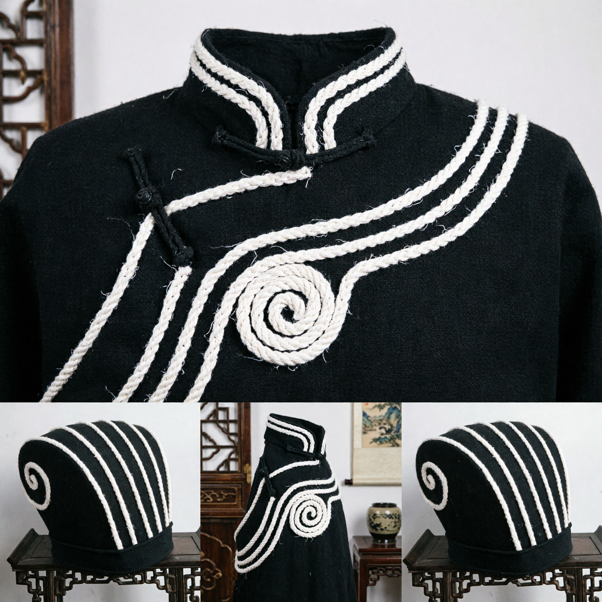 Traditional Chinese Black Opera Headwear with White Rope Spiral Design for Men's Ancient Costume Performance - Asian Costume