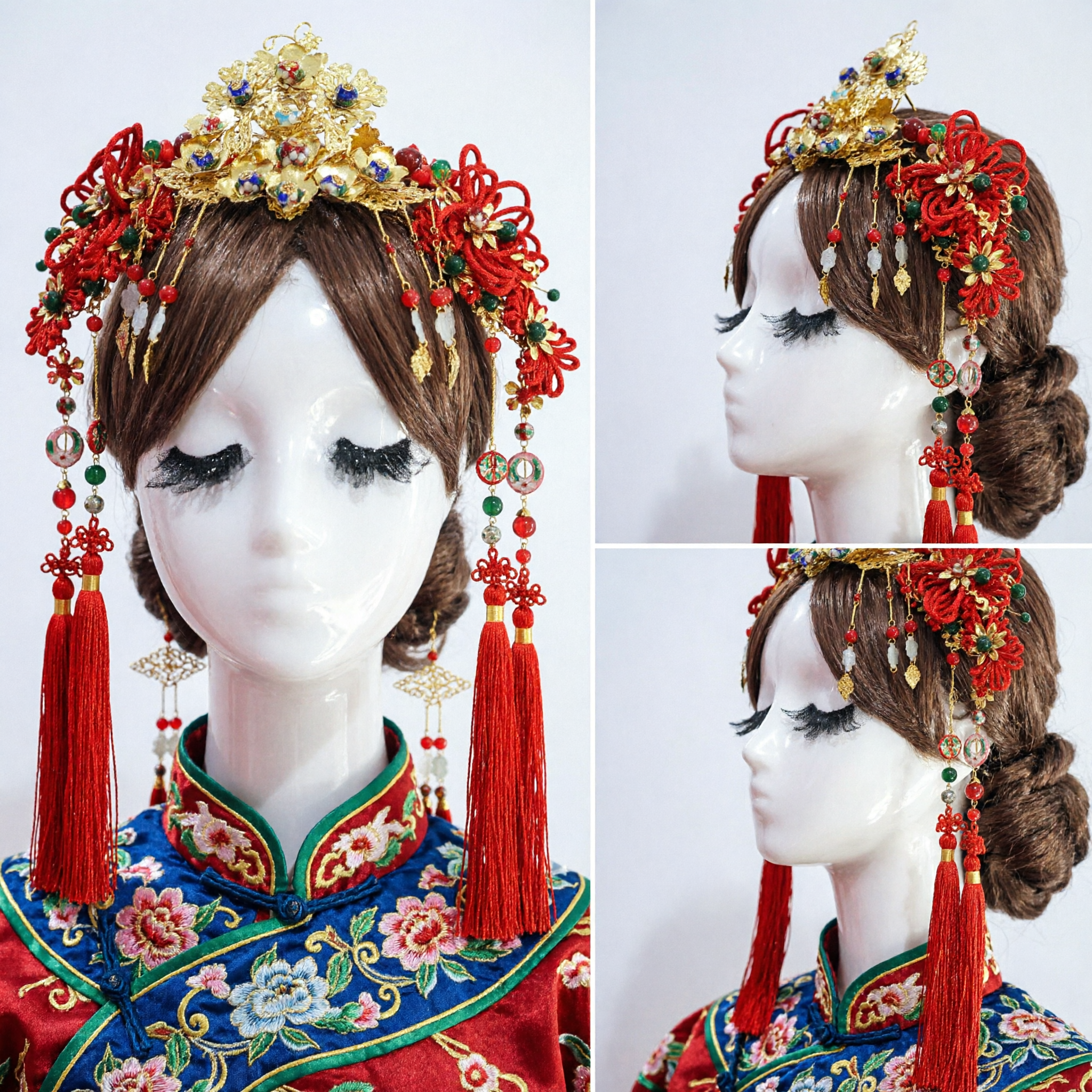 Traditional Chinese Wedding Hair Accessory Red Gold Phoenix Crown Hanfu Bridal Headdress for Women - Asian Costume